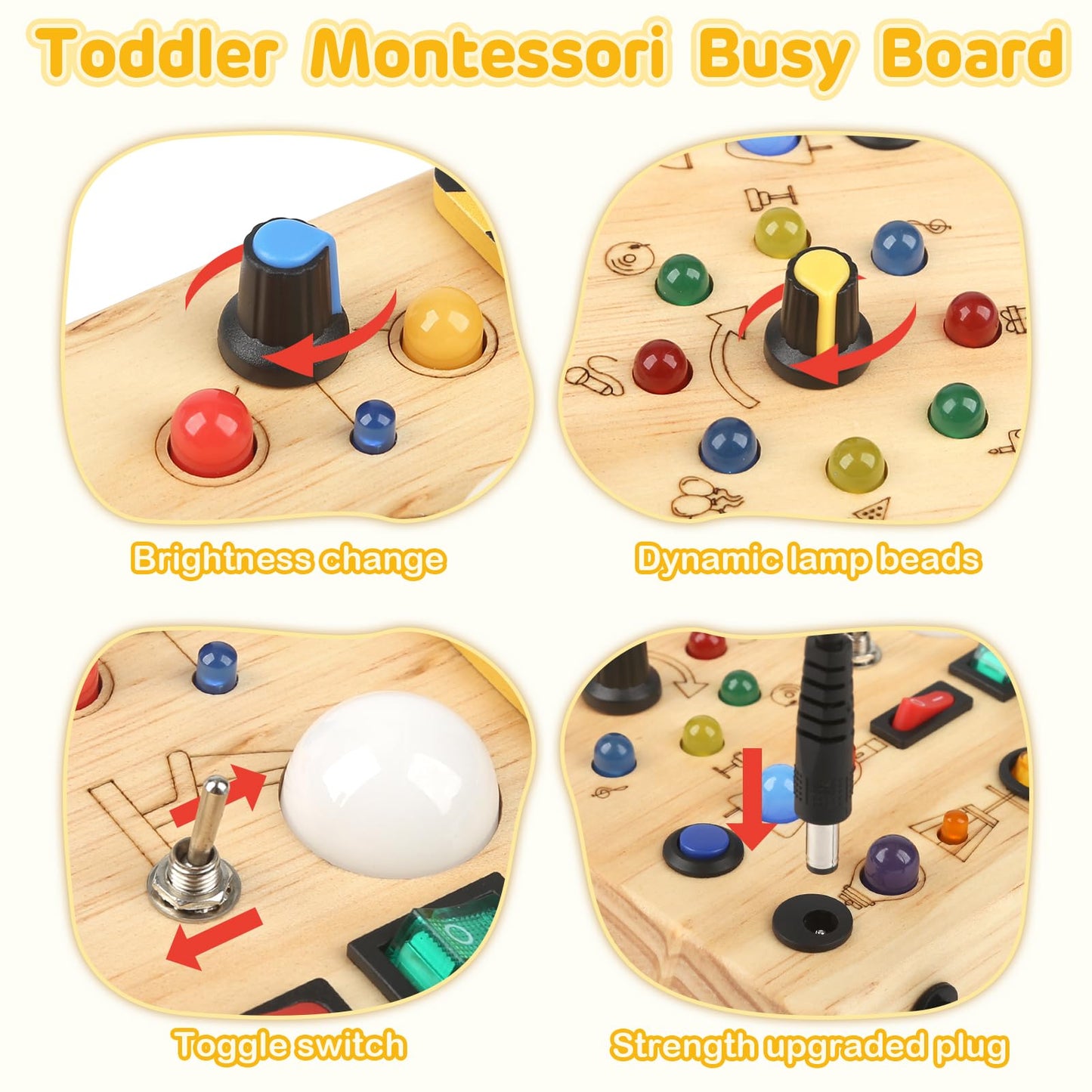 LED Busy Board for Toddlers 1-3,Montessori Sensory Toy with Key Switch and Plug, Light Up Wood Activity Switch Board for Fine Motor Skills, Educational Travel Toy Gift for 1 2 3 Year Old Boys Girls