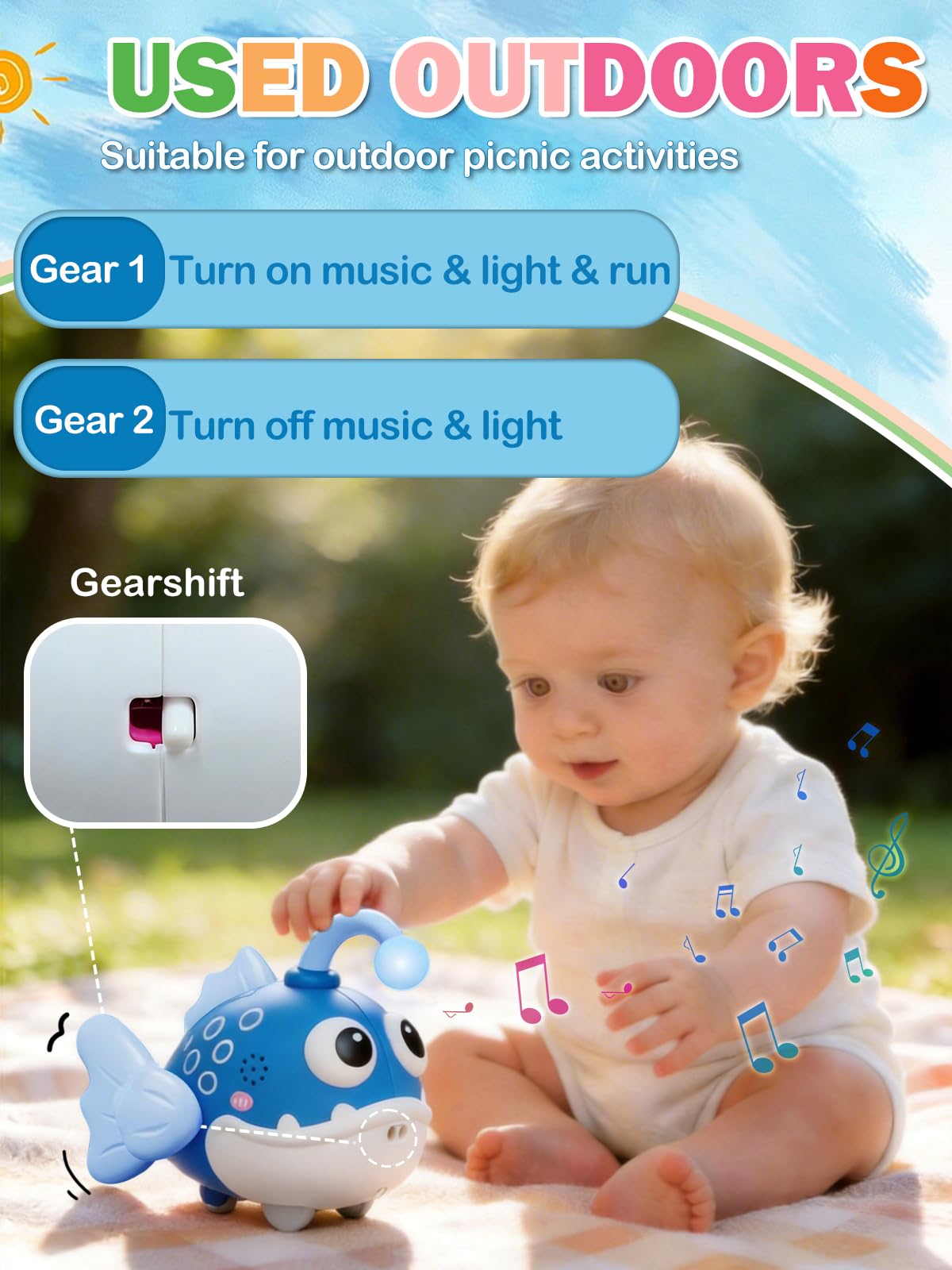 vexitemet Baby Crawling Toy Lantern Fish, Infant Tummy Time Toys & Musical Light Up 60 Songs, Early Development Toy for Infants and Toddlers 6-18 Months(Blue)