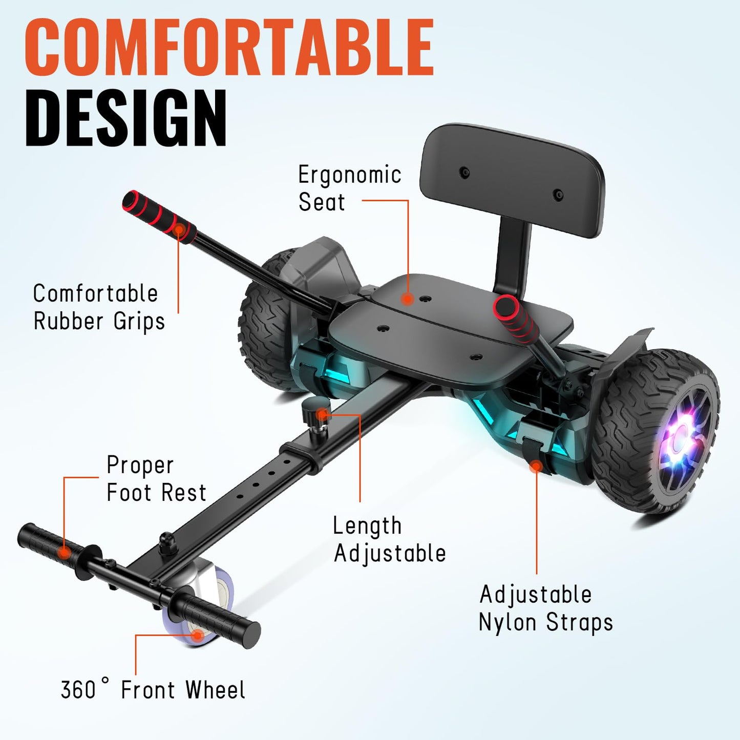Scooter with Seat Attachment for Kids Adults, 6.5'' 8.5''Balancing Scooter with Bluetooth Speakers & Colorful LED Light with kart