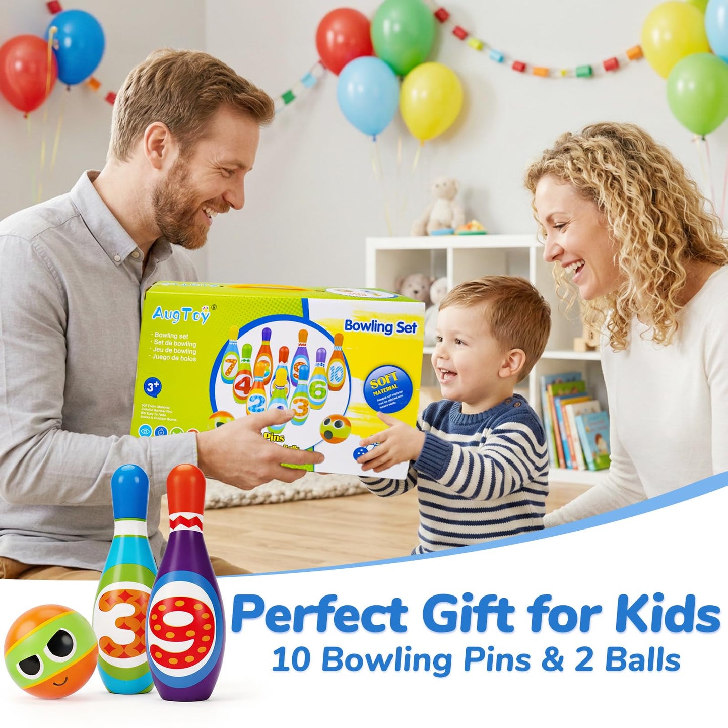 Kids Bowling Set 2-5 Toddler Indoor Bowling Game Outdoor Toy Gift for 1 2 3 4 Year Old Boys Girls Soft 10 Colorful Foam Bowling Pins 2 Bowling Ball Developmental Toddler Age 2-4 3-5 Easter Present