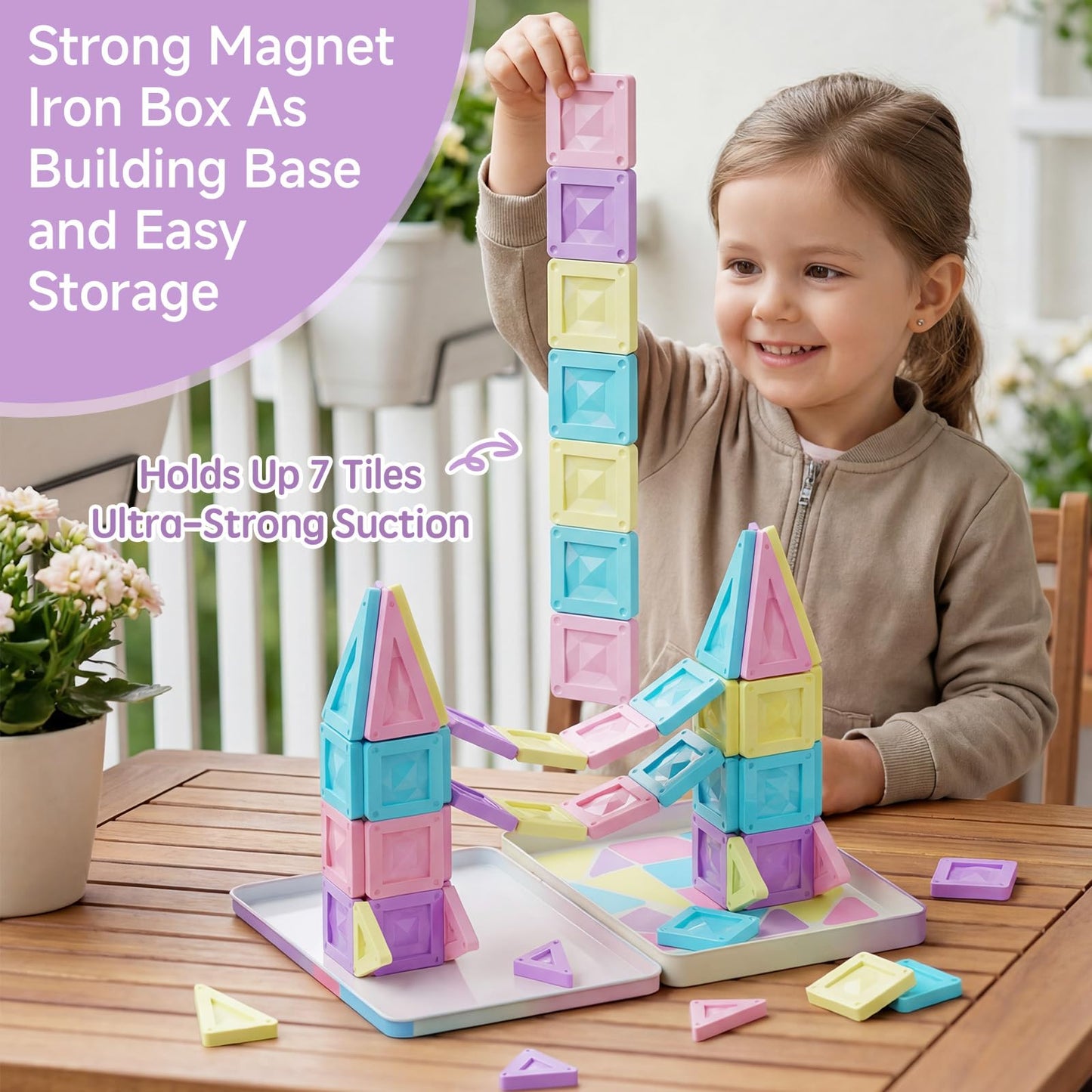 STEM MATCH Mini Magnetic Tiles Girls Travel Set: 40 PCS Macaron Building Block with Tin Box - 90 Mins Quiet Play 45s Cleanup - Fly Trip Road Trip Toys for Kids Age 3 4 5 6