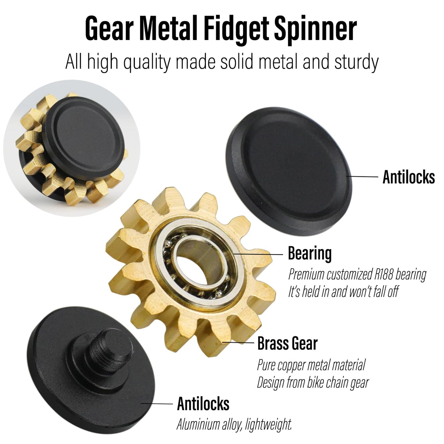 FREELOVE Gear Metal Fidget Spinner Toys for Adults, Small Mini Tiny Pockget Figette, Bike Chain, Copper Brass Hands Gyro, Quiet Silent Cool Cube for Anxiety Men (1 Gear, Black-Brass)