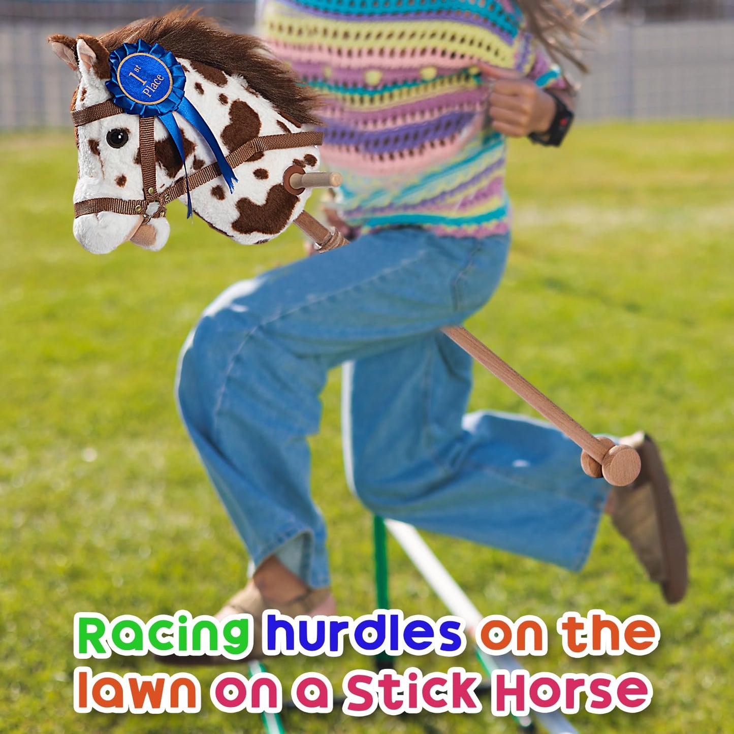 HollyHOME Stick Horse Plush with Detachable Blue Ribbon Champion Hobby Horse on Stick with Wood Wheels Real Pony Neighing for Kids Toddlers Appaloosa 36 Inches(AA Batteries Required)