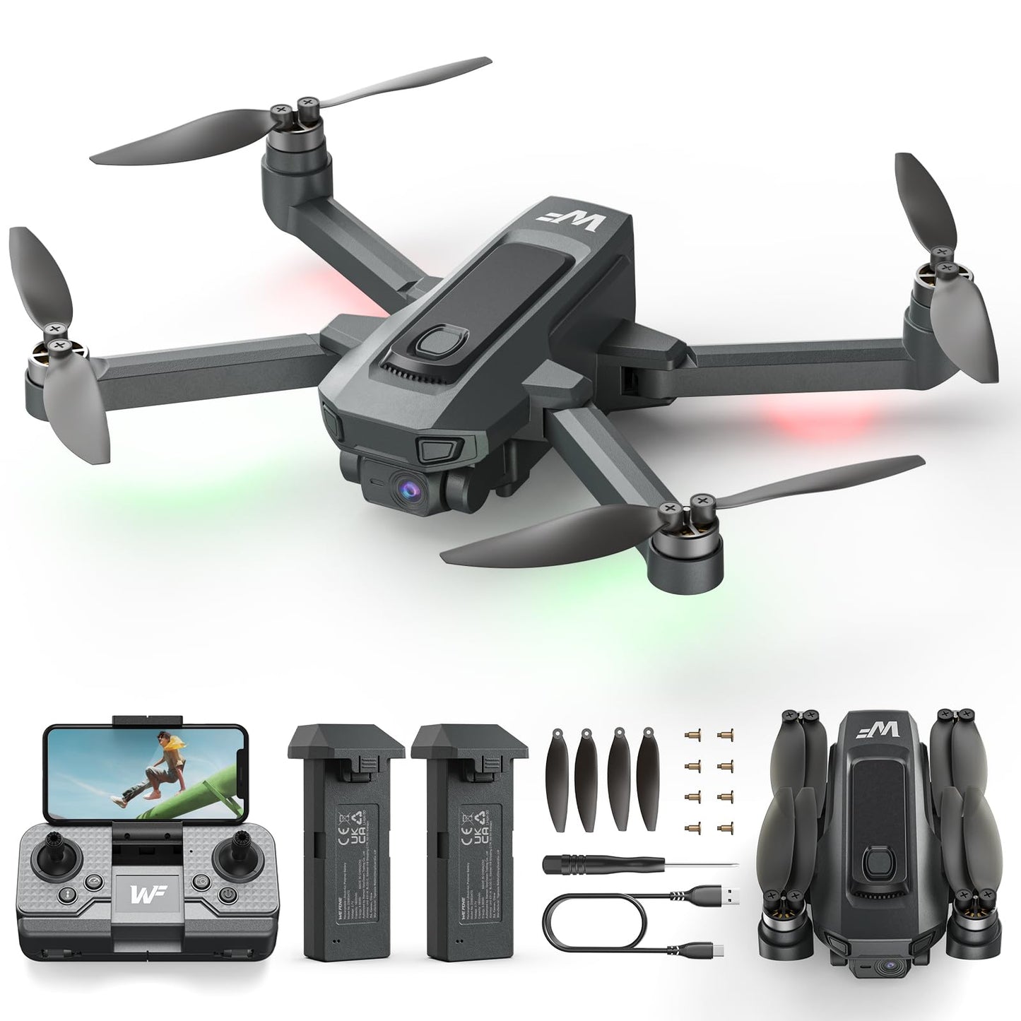 WeFone WF20 Drone with 1080P FPV Camera for Beginners, Foldable RC Quadcopter with Brushless Motor, Headless Mode, Adjustable Speed, One Key Take-off/Landing, Flight Path, 2 Batteries, Black