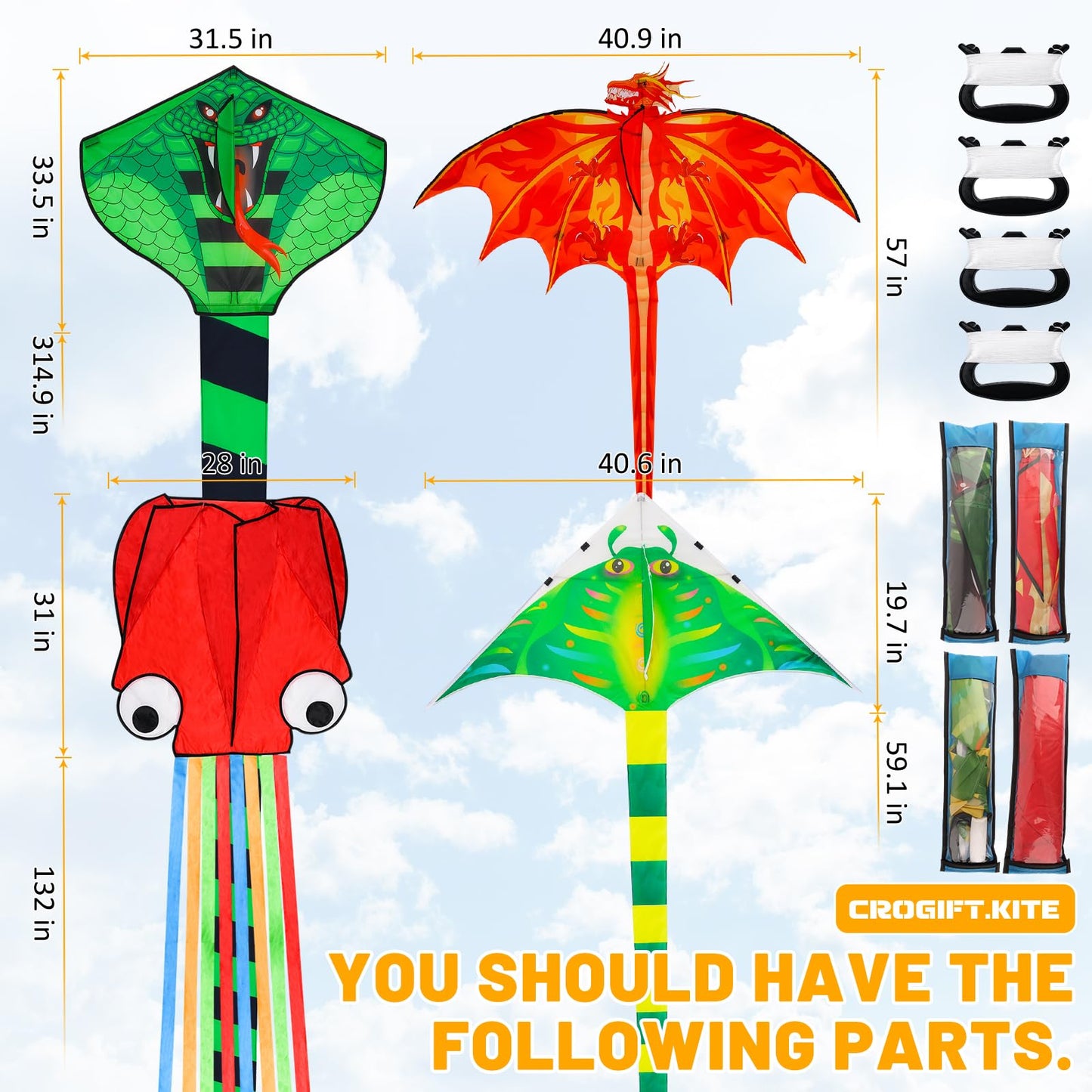 4 Pack Kites - Large Fire Dragon Kite Green Snake Devil Fish Red Mollusc Octopus with Long Colorful Tail for Kids Adults Beach Toy Gifts Outdoor Game Activities