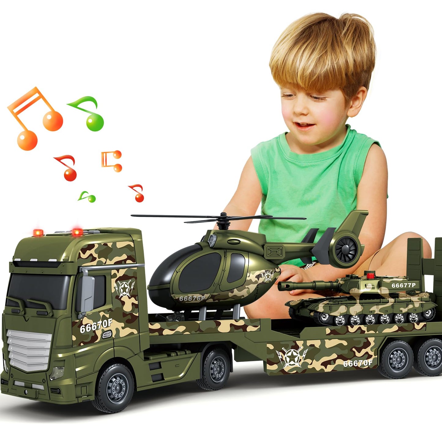 Bstoyder Toddler Boy Toys for 3 4 5 6 7 Years Kids, 25" Semi Army Truck Toy with Helicopters and Tank, Friction Powered Military Toys with Lights and Sounds, Birthday for Boy Girls