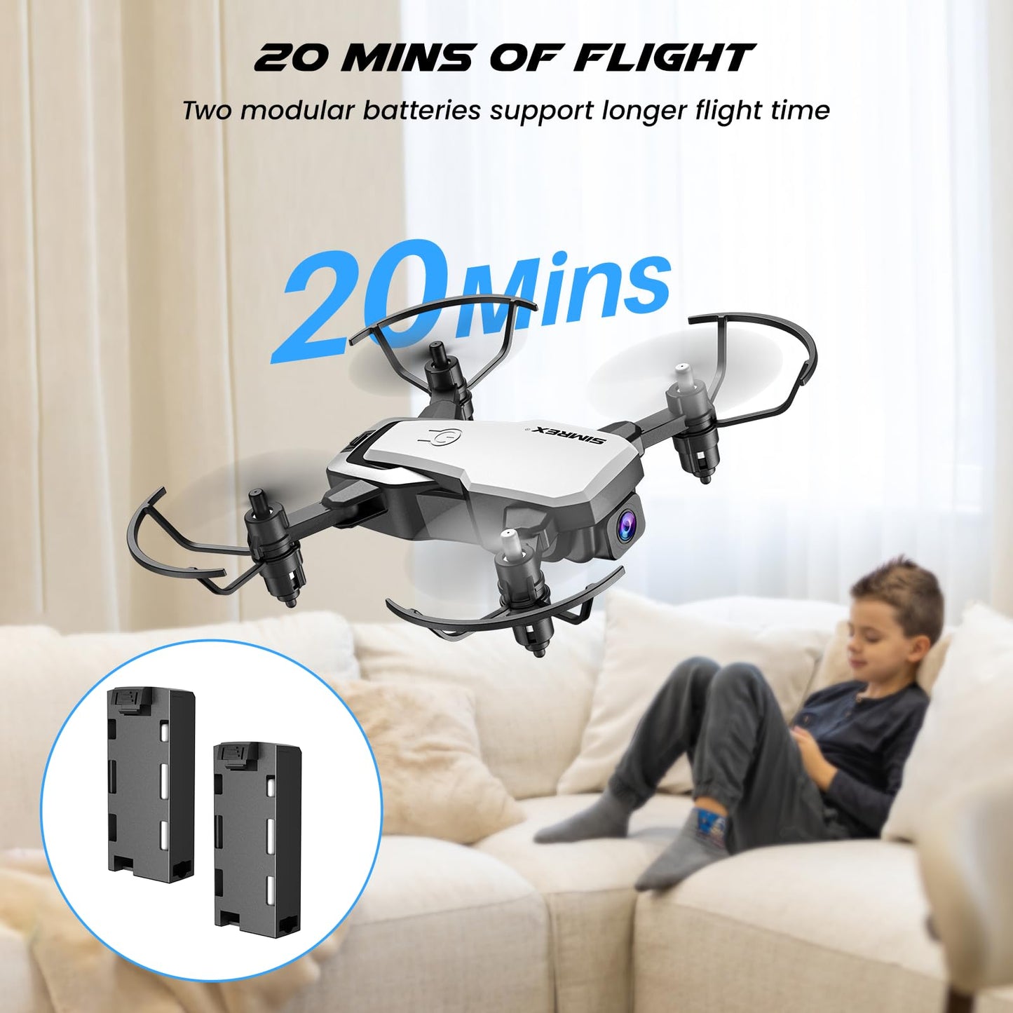 SIMREX Drone With Camera for Kids Adults,Mini RC Quadcopter Foldable,Altitude Hold, 3D Flip, Headless Mode, Gravity Control, 2 Batterie, Gifts for Kids, Adults, Beginner (New White)