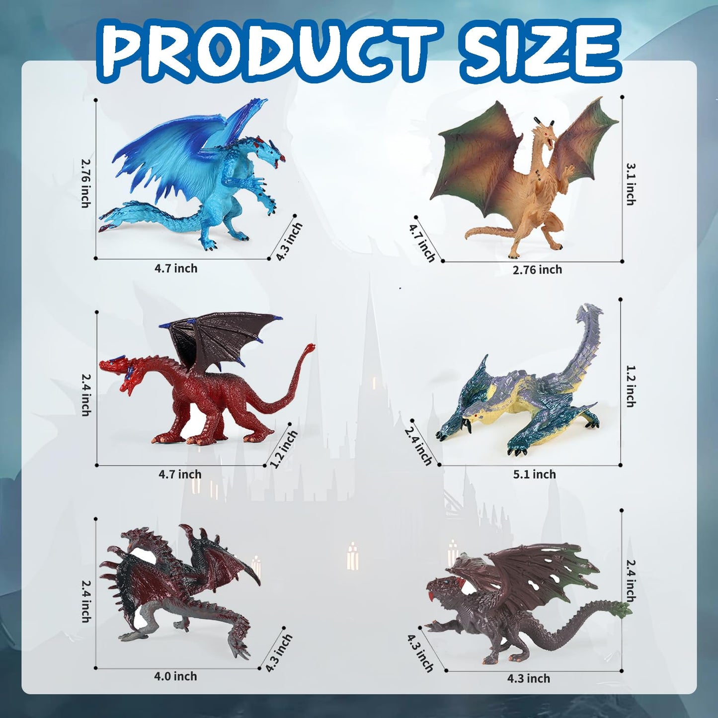 EOIVSH 6pcs Dragon Toys for Kids, 5 inch Ancient Flying Dragon Figurines, Mythical Toy Figures & Playset Gift for 3 4 5 6 7 Boys Girls, Cake Topper & Party Favors