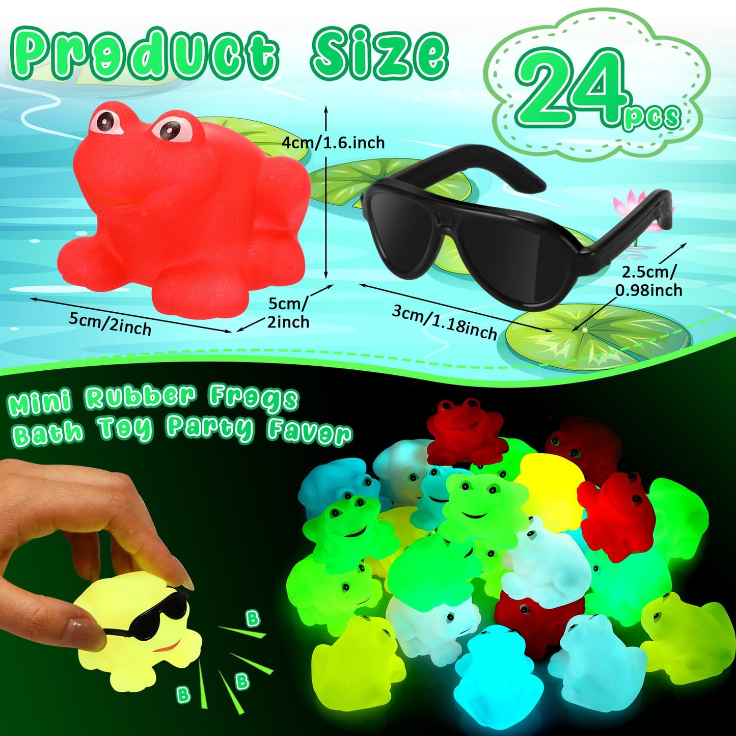 Halloscume 36 Pack Spring Rubber Frogs Bulk Squeak and Floating Rubber Bath Toy Glow in the Dark Mini Floating Frogs for Baby Shower Birthday Party Favors Classroom Exchange Gifts Prizes, Colorful