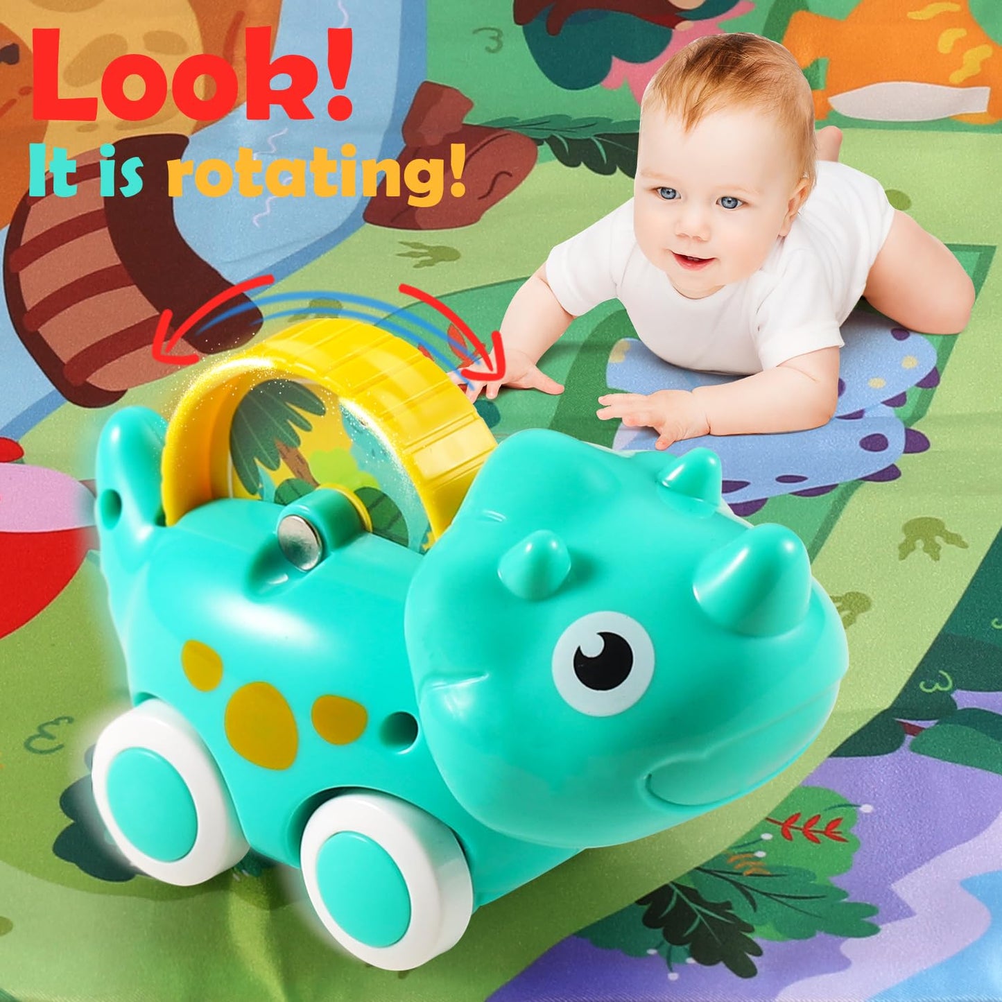 ALASOU 7 PCS Dinosaur Car Toys with Playmat and 3 PCS Suction Cup Rotating Toys for Infant and Toddlers