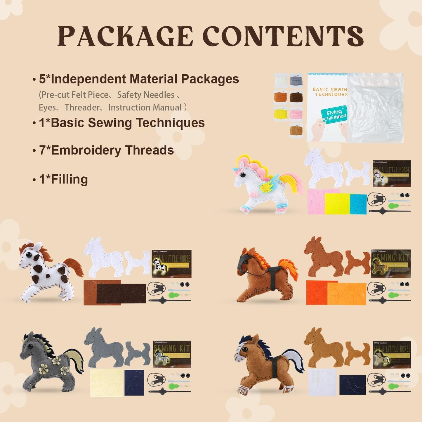 IROLEHOME Sewing-Kit for Kids Ages 8-12, Horse Craft Sew Your Own Stuffed Animal of 5 DIY Projects, Unicorn Pony Toy Gift for Girls Boys