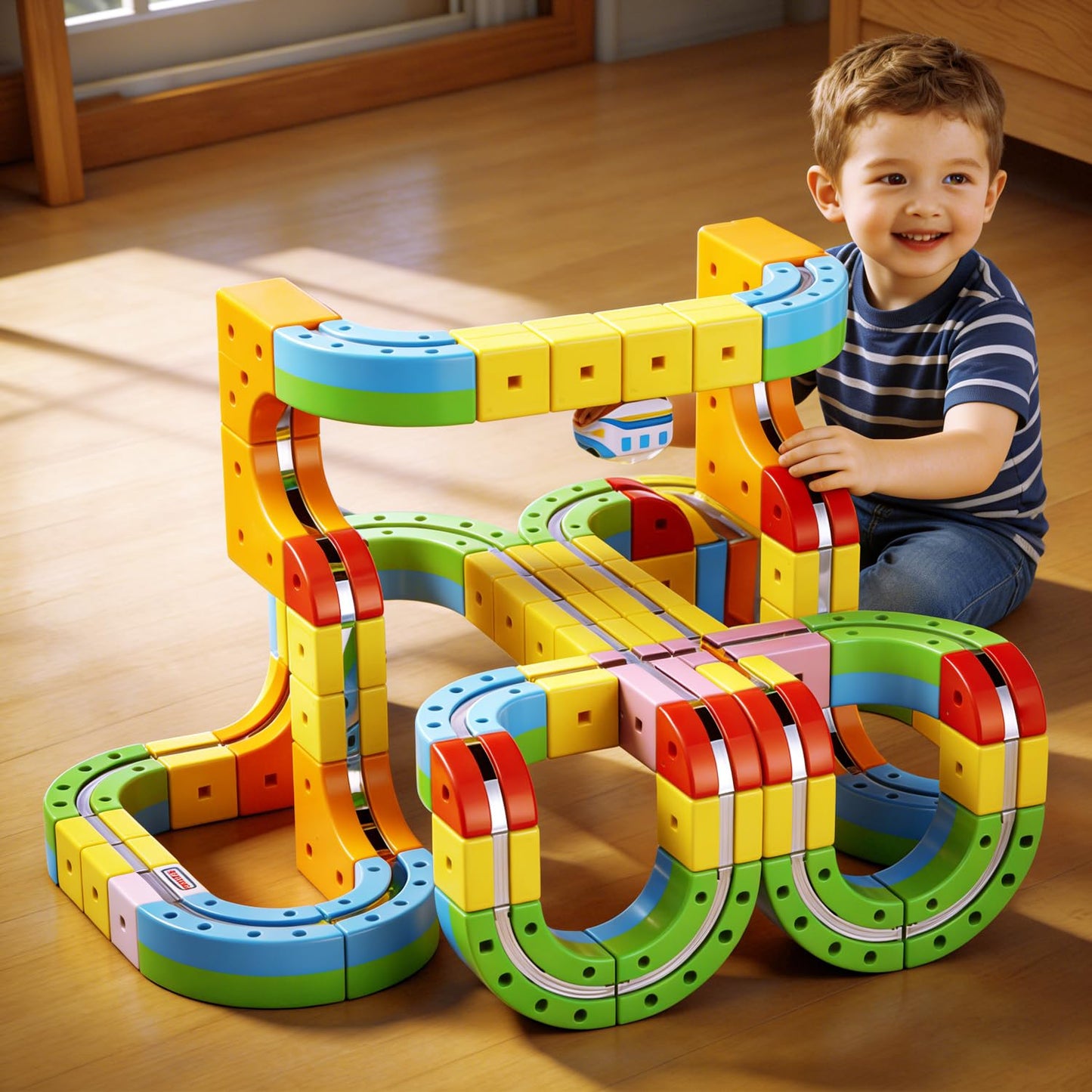 Electric Train Set for Kids Toddlers 3-5,Magnetic Track&Rechargeable Car,Gravity-Defying 3D Embedded Layouts DIY Flexible Race Track Assembly,STEM Educationa Learning Gift
