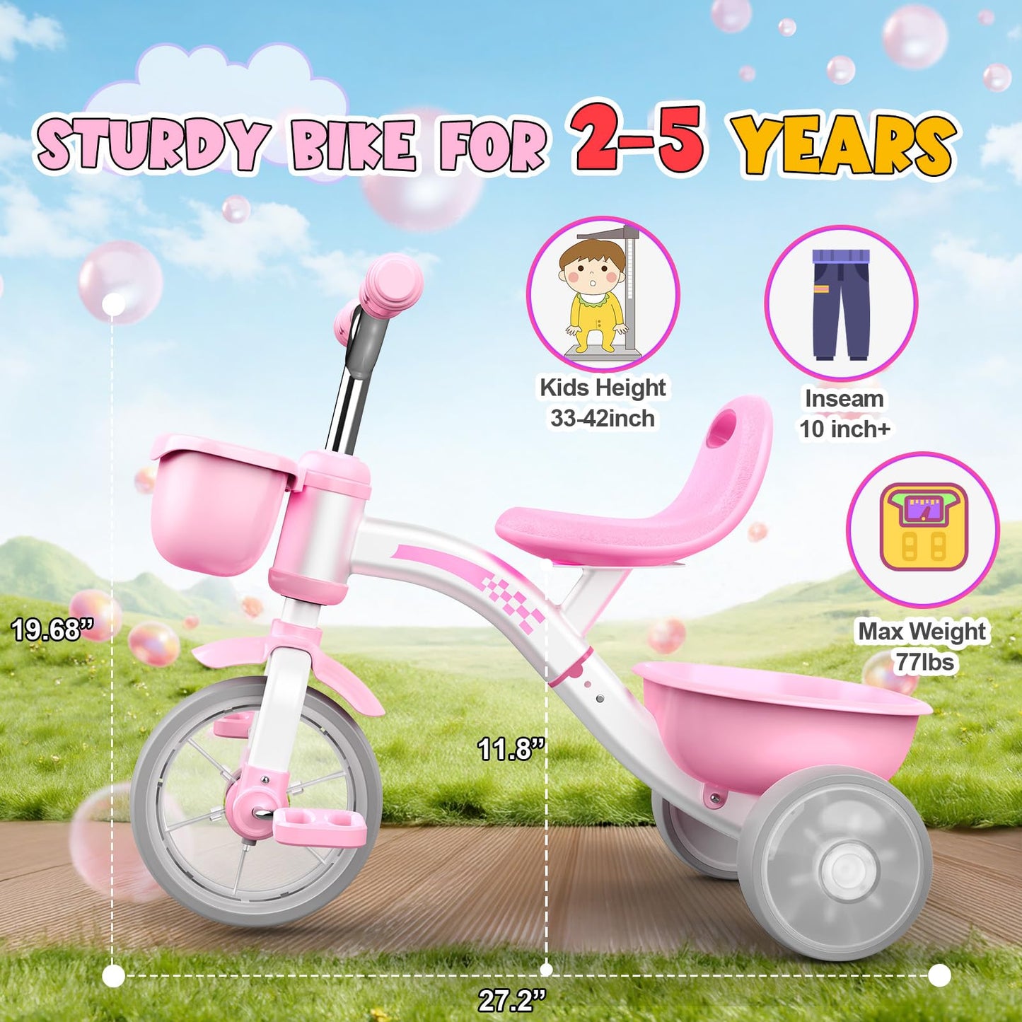 Kkdi Toddler Tricycle for 1-3 3-5 Year Olds, 2 3 4 5 Year Old Girl Birthday Gifts, Pink Toddler Baby Bike, 4-Level Adjustable Seat, 3 Color Light Wheels, 2 Baskets, Outdoor Riding Toys for Ages 2-4