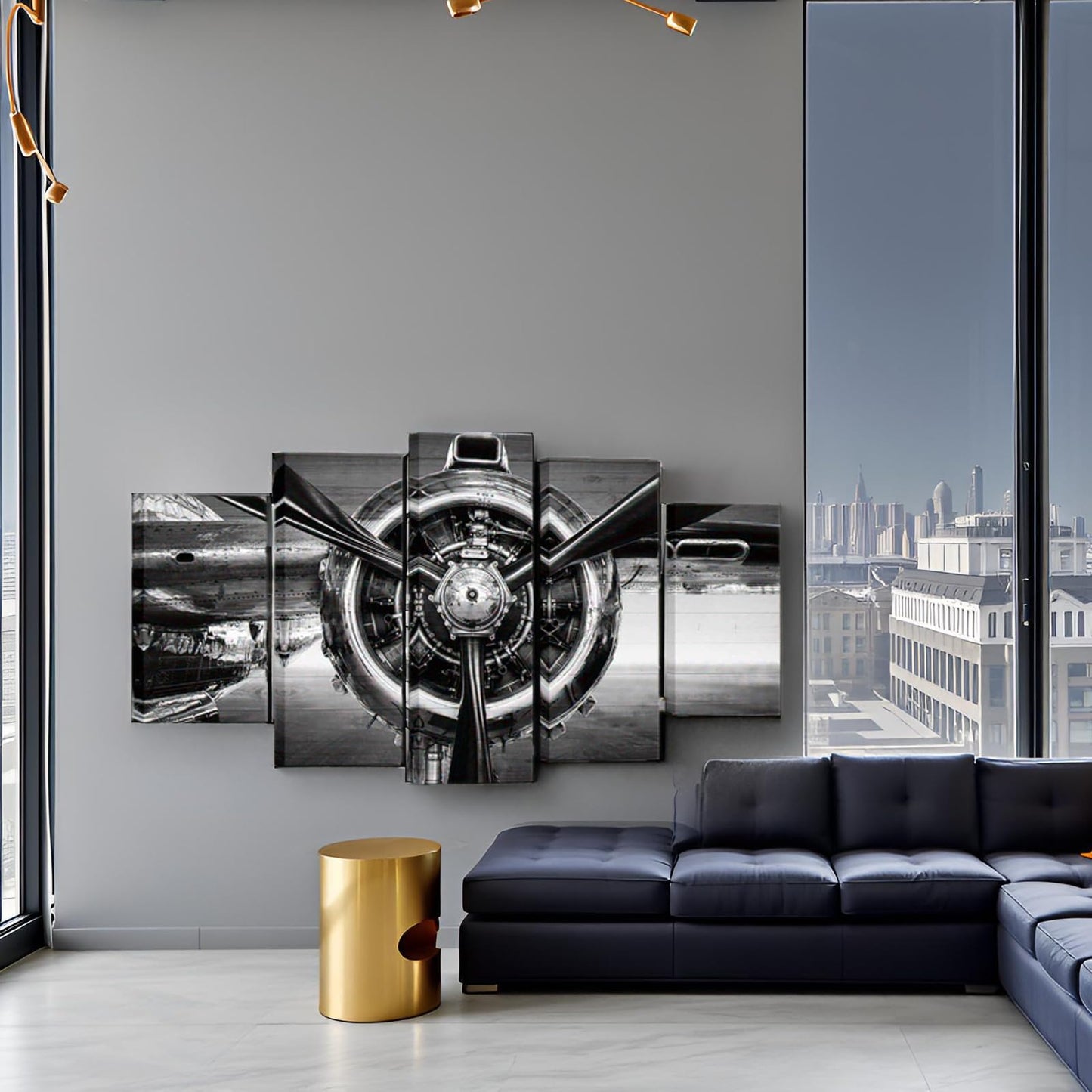 Nachic Wall Large 5 Panel Black and White Airplane Canvas Wall Art Aviation Aircraft Propeller Canvas Prints Pictures Plane Engine Poster Artwork Office Home Decoration (Black)