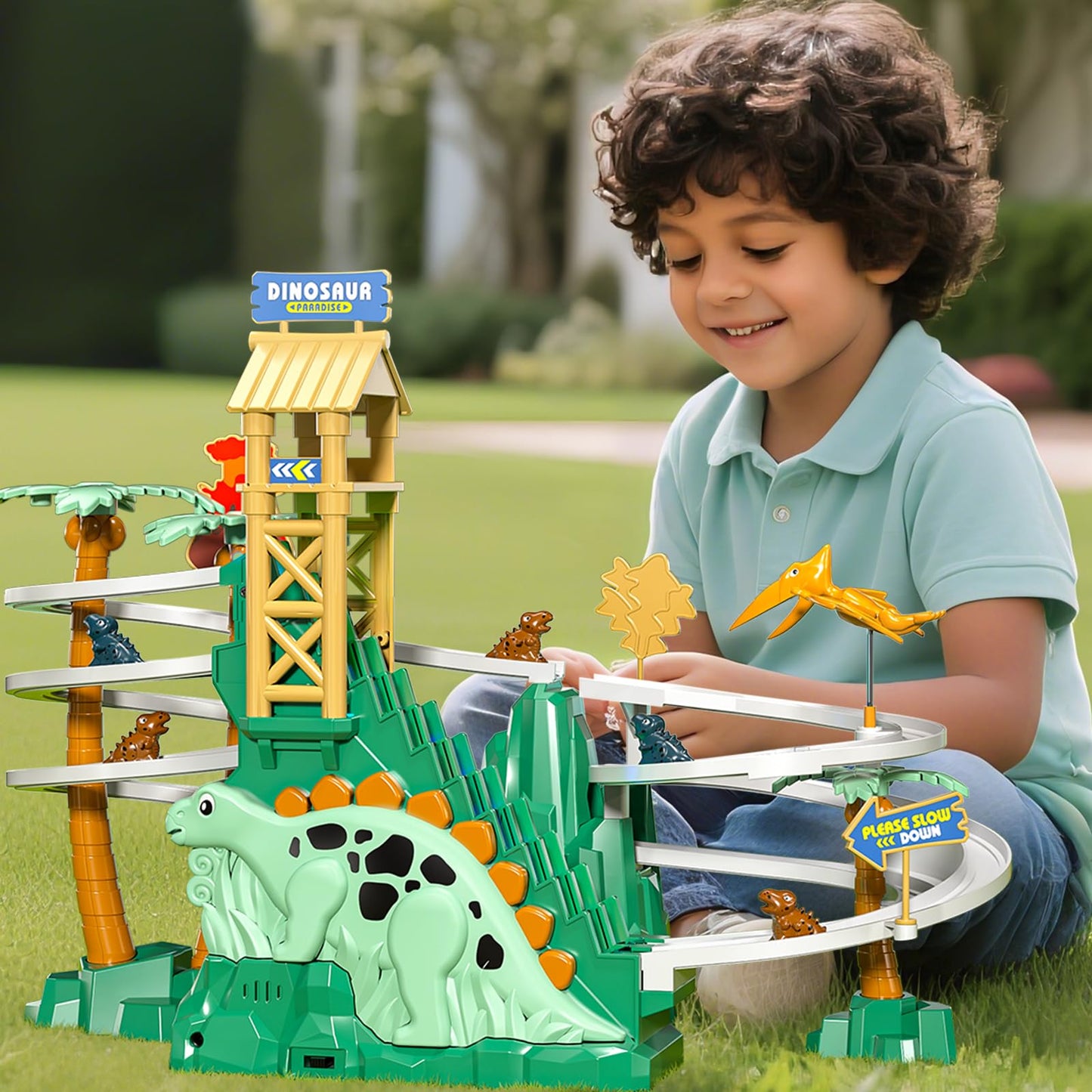 JUKUDAHU Dinosaur Climbing Slide Stair Toy for Toddlers Aged 3 4 5 6 7 8 - Racing Track Game Set, Sliding Car Toy, Dinosaur Themed with Light and Music, Birthday Dinosaur Gifts for Boys Girls Kids
