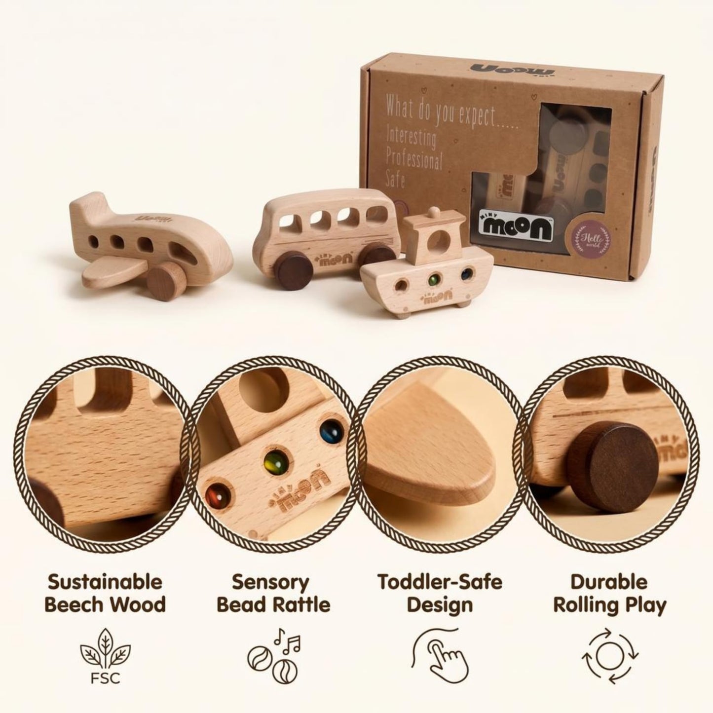MINYMOON Wooden Toys for 1 Year Old – Montessori Baby Toy Set with Bus, Airplane & Boat – Minimalist Nursery Decor & Teething Safe Infant Toys for Boys and Girls – 3 Piece Ergo-Fit Toddler Car Set