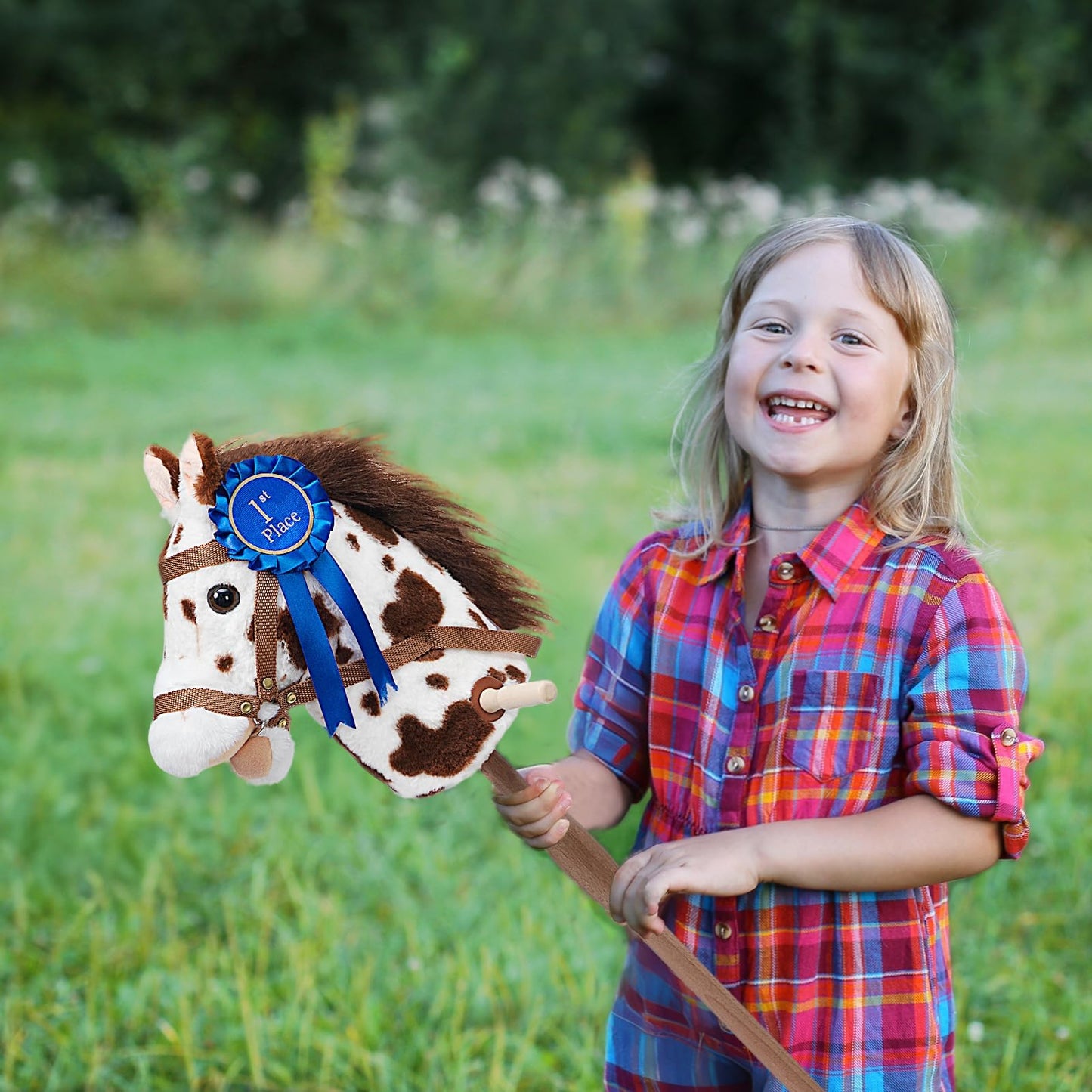 HollyHOME Stick Horse Plush with Detachable Blue Ribbon Champion Hobby Horse on Stick with Wood Wheels Real Pony Neighing for Kids Toddlers Appaloosa 36 Inches(AA Batteries Required)