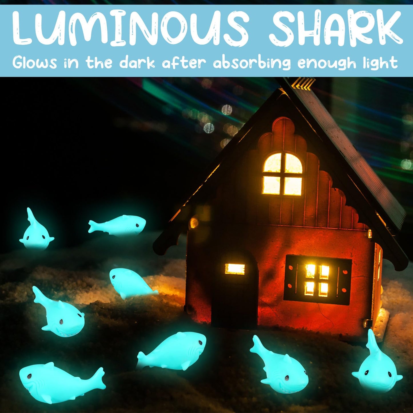 Shappy 30 Pcs Rubber Sharks Luminous Blue Squeezable Bath Toys Floating Cute Squeak Shark Favors Safe for Classroom Carnival Prizes Birthday Tub Party Ornament Pool Fillers