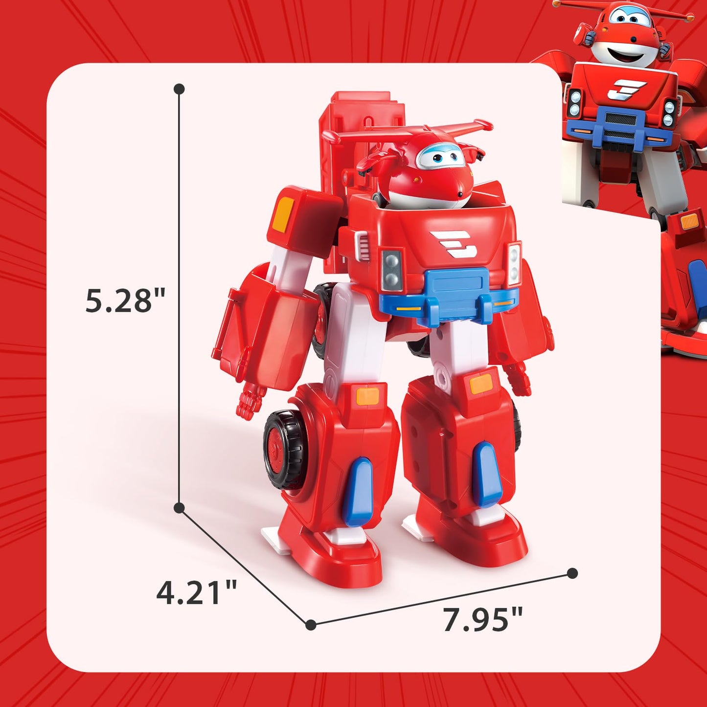 Super Wings Transformable Toys, 7" Jett Robot Suit and 2” Scale Transforming Jett Mini Action Figure,2-in-1 Mode Vehicle and Robot, Vehicle Playset for Kids 3+,Gifts for Boys and Girls,Red