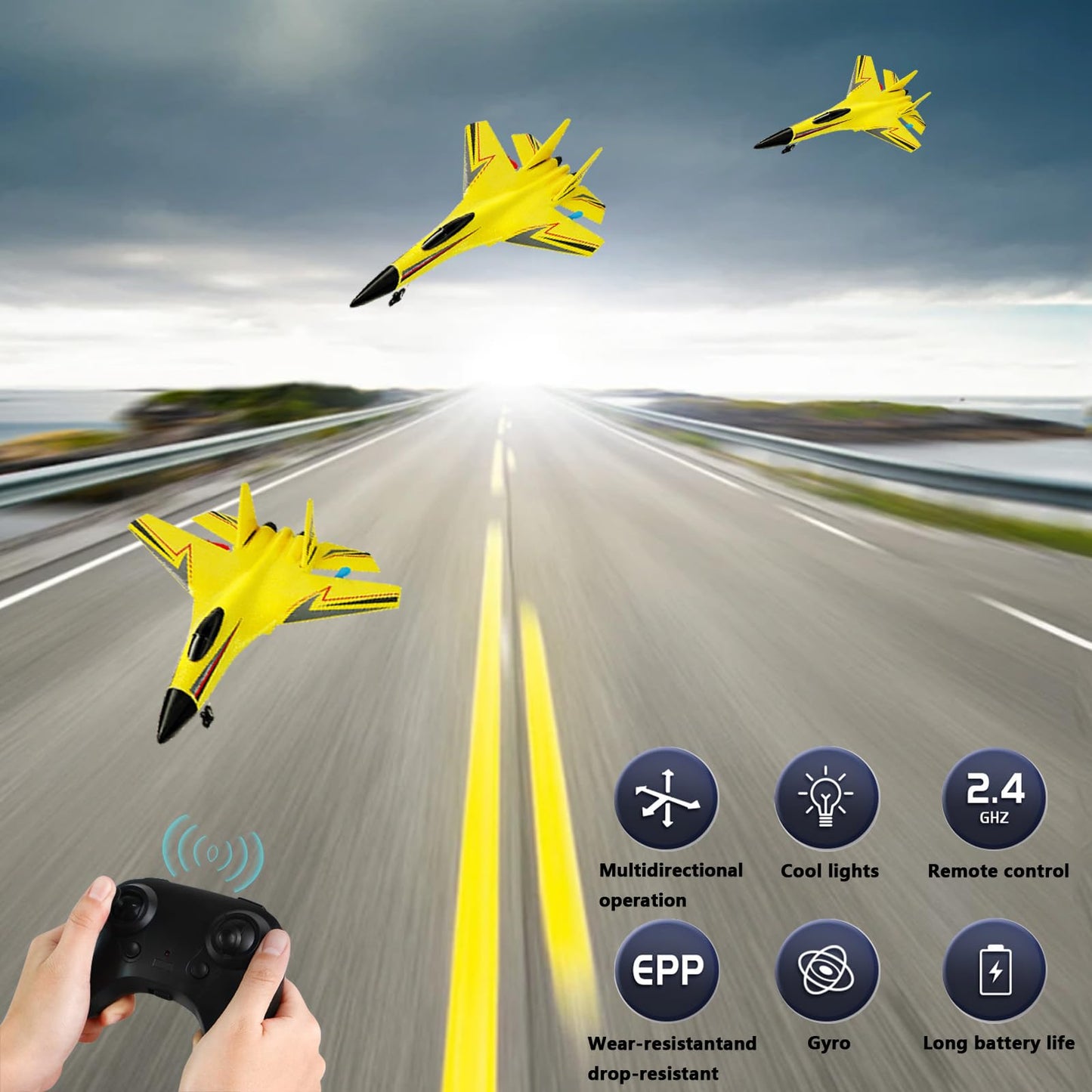 RC Airplane, Glider Aircraft,for 14+Ages Teens and Adults,Durable Lightweight Foam RC Plane with Smart Gyro/LED Lights/3 Rechargeable Batteries,360° Flip with Stable Flight for Outdoor (Yellow)
