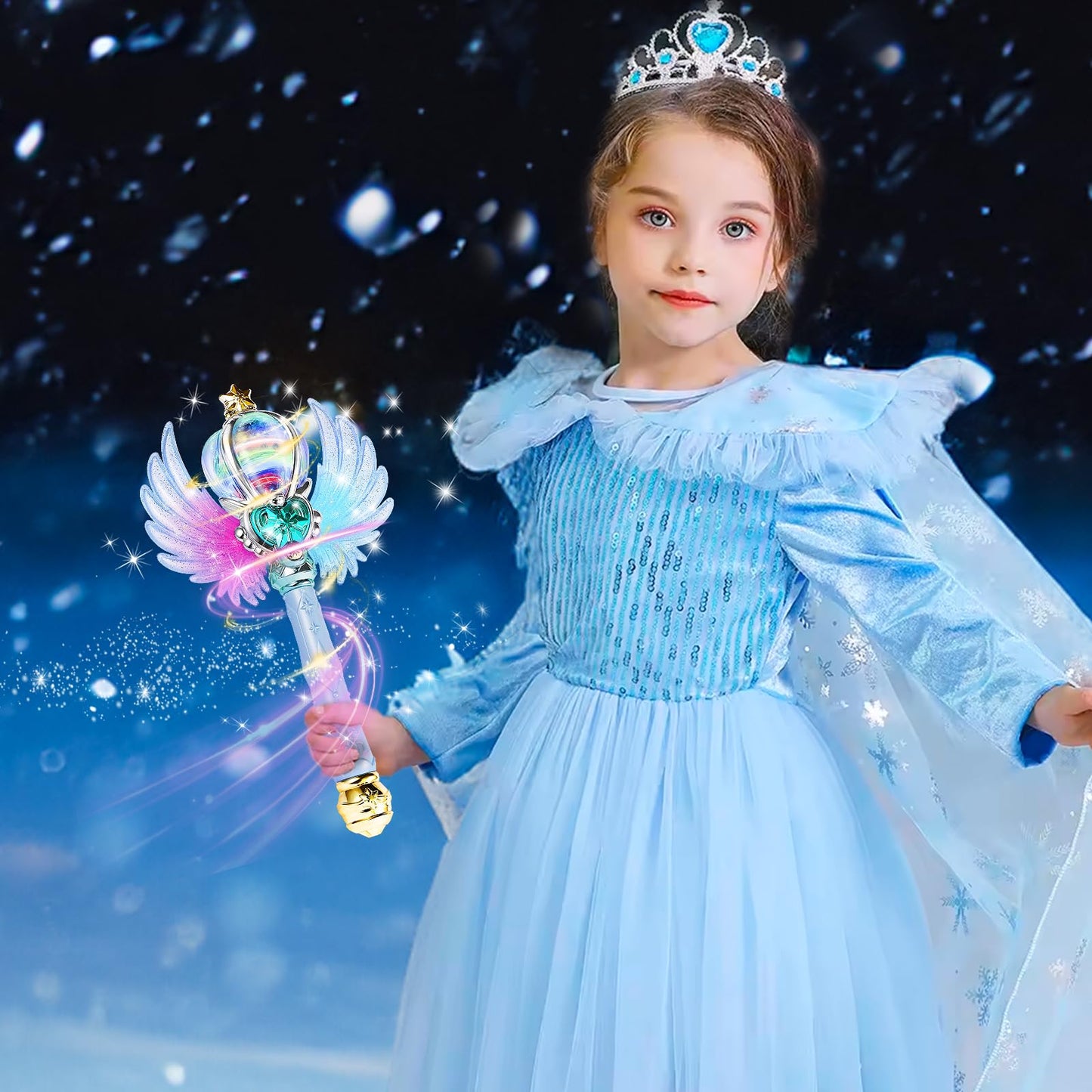 EnchantZone Light Up Snowflake Wand with Spinning LEDs and Sound Magic Princess Toys for Kids Girls Birthday Cosplay Party Favors, Blue