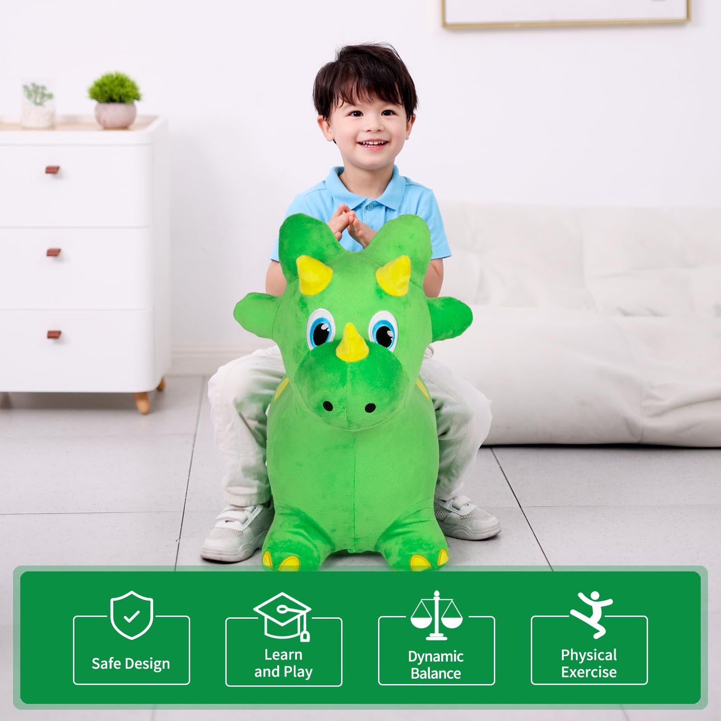 INPANY Bouncy Horse, Dinosaur Hopper Toys, Toddler Plush Bouncing Animal, Dinosaur Birthday Party Decorations, Inflatable Ride on Rubber Triceratops Bouncer, Outdoor for 2 3 4 Yr Boy Girl
