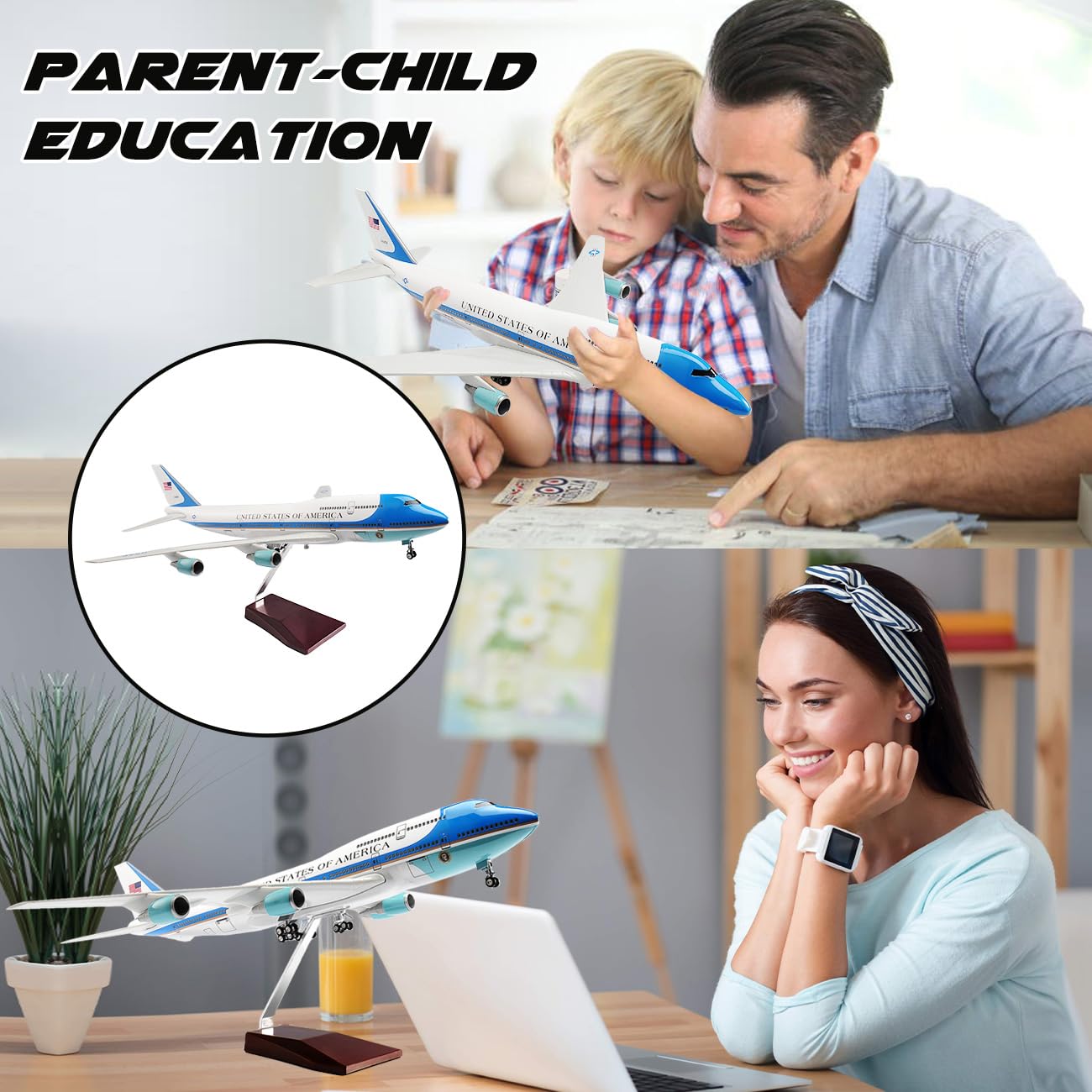1/150 Scale Diecast Boeing 747 Airplane - US Airlines Air Force Model with Landing Gear, Voice Control, Cabin Light