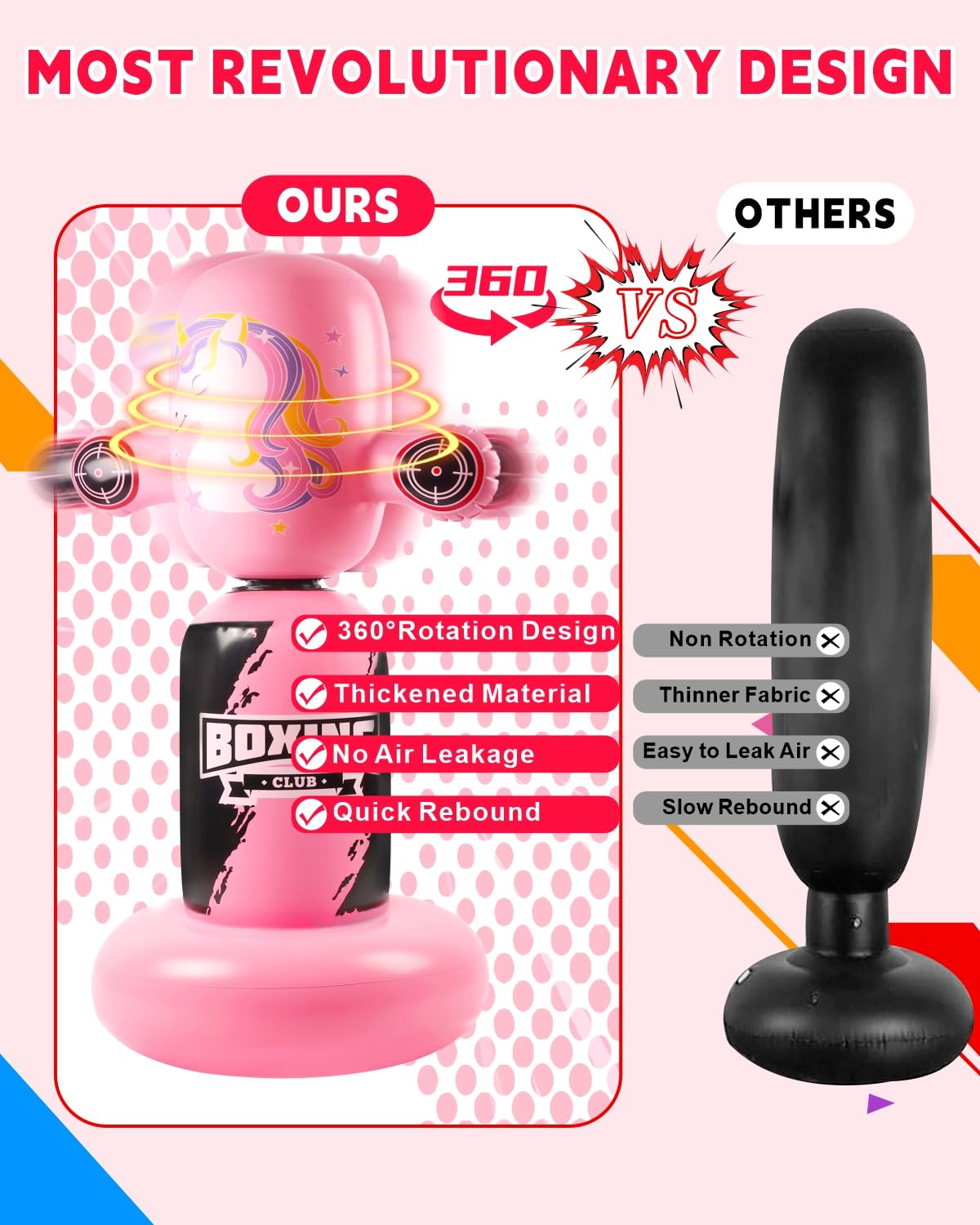 VCOLAN Punching Bag for Kids,48inch Kids Punching Bag,New Upgraded 360°Rotating Inflatable Boxing Bag Toy for Girls, Christmas Birthday Gift for Kids Age 3-6