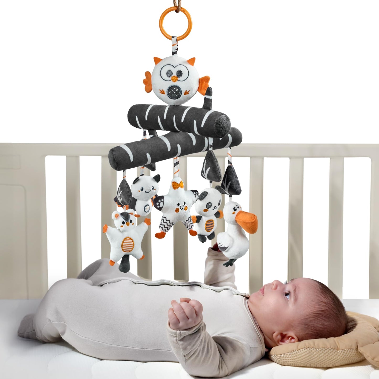 TUMAMA Black and White Baby Crib Stroller Hanging Toys, Cute Plush Animal Baby Crib Mobile Rattle Toy, High Contrast Sensory Baby Toy for 0 3 6 9 to 12 Months