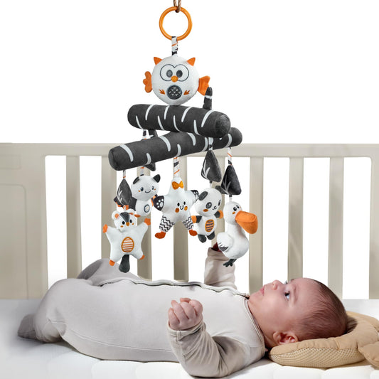 TUMAMA Black and White Baby Crib Stroller Hanging Toys, Cute Plush Animal Baby Crib Mobile Rattle Toy, High Contrast Sensory Baby Toy for 0 3 6 9 to 12 Months
