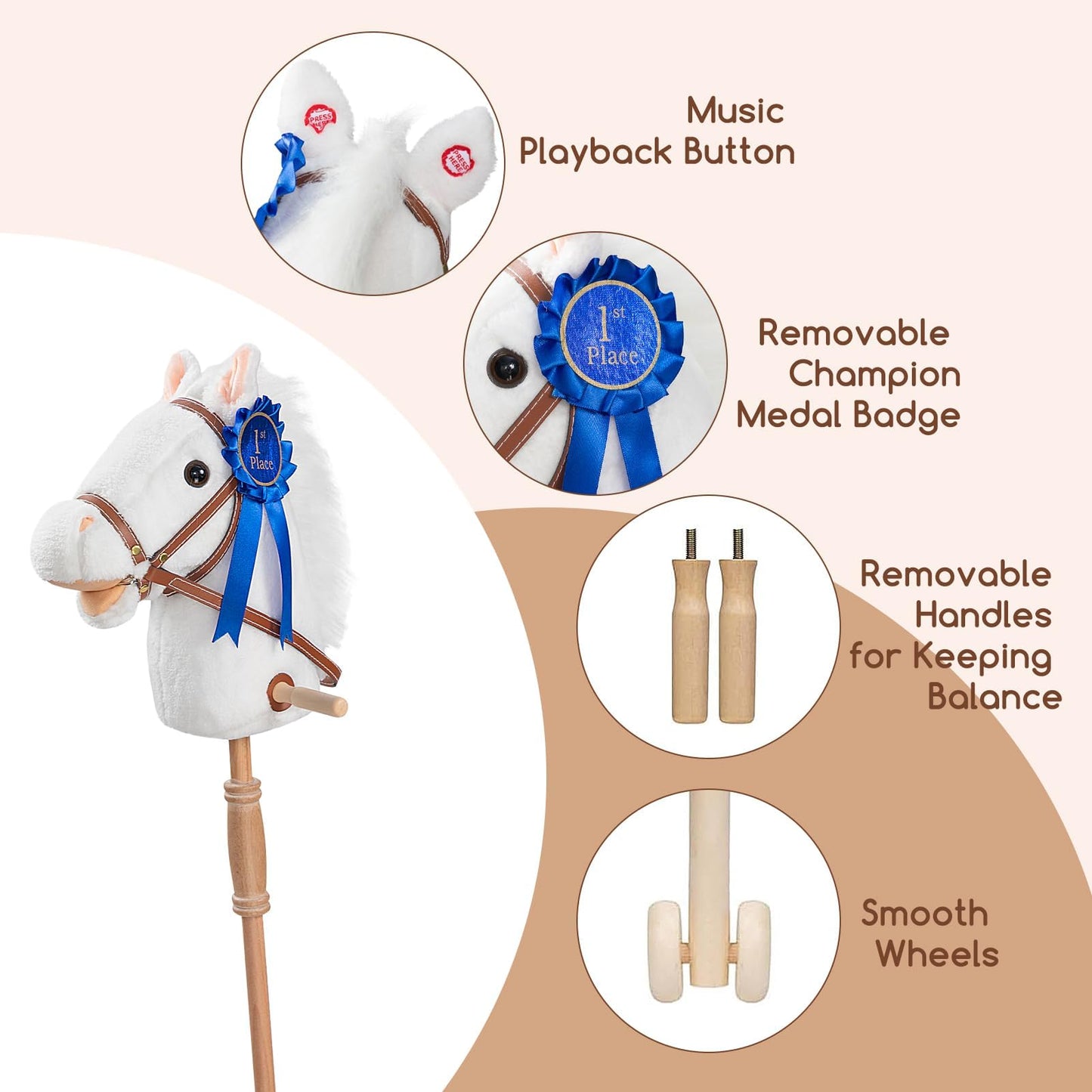 HollyHOME Stick Horse Plush with Detachable Blue Ribbon Champion Hobby Horse on Stick with Wood Wheels Real Pony Neighing and Galloping Sounds for Kids Toddlers White 36 Inches(AA Batteries Required)