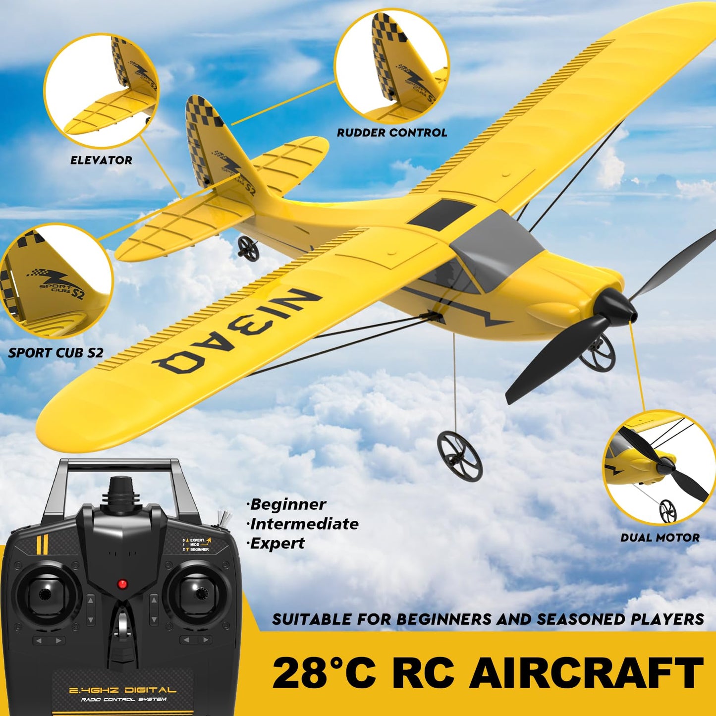 28℃ RC Plane 3 Channel Remote Control Airplane Trainer Sport Cub S2 with Propeller Saver&Xpilot Stabilization System,One-Key U-Turn Easy to Fly for Beginners, Kids, Adults, Yellow (761-14 RTF)