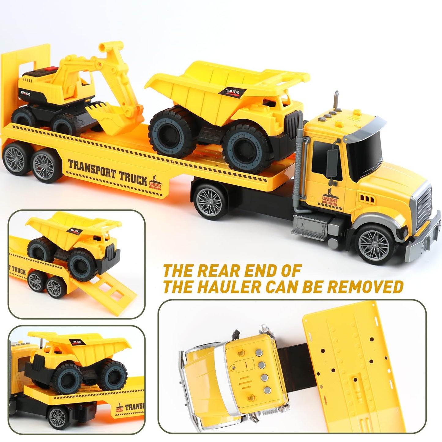 Dwi Dowellin 27" Large Friction Powered Construction Truck Car Toy with Excavator and Dump,Semi Truck Toys for 3 4 5 Years Old Toddlers Kids Boys & Girls Gift