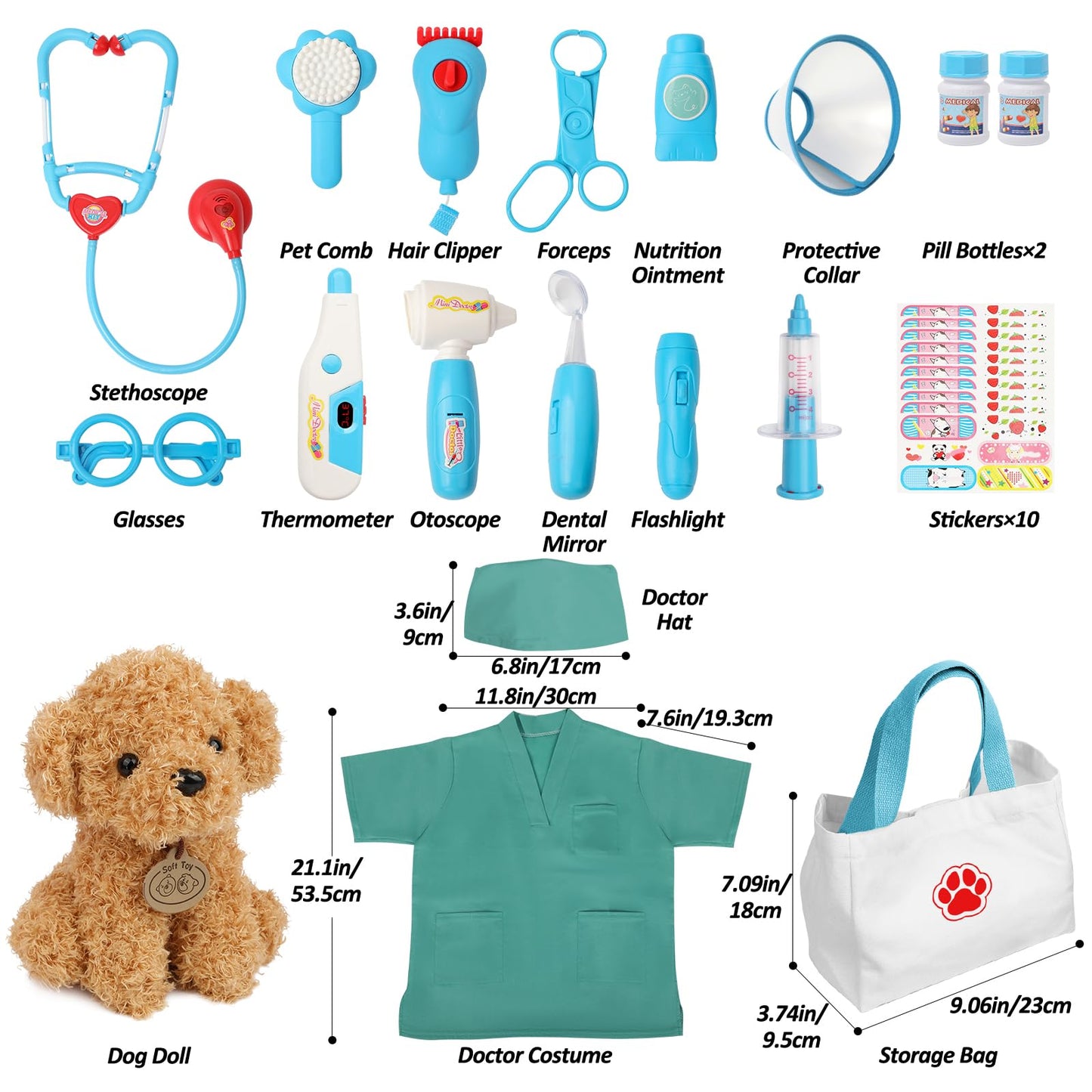 Liberry Doctor Kit for Toddlers 3 4 5 6 Years Old, 28 Pcs Kids Doctor Playset with Dog Toy, Stethoscope and Dress Up Costume, Pretend Play Medical Christmas Gift for Boys Girls (Blue)