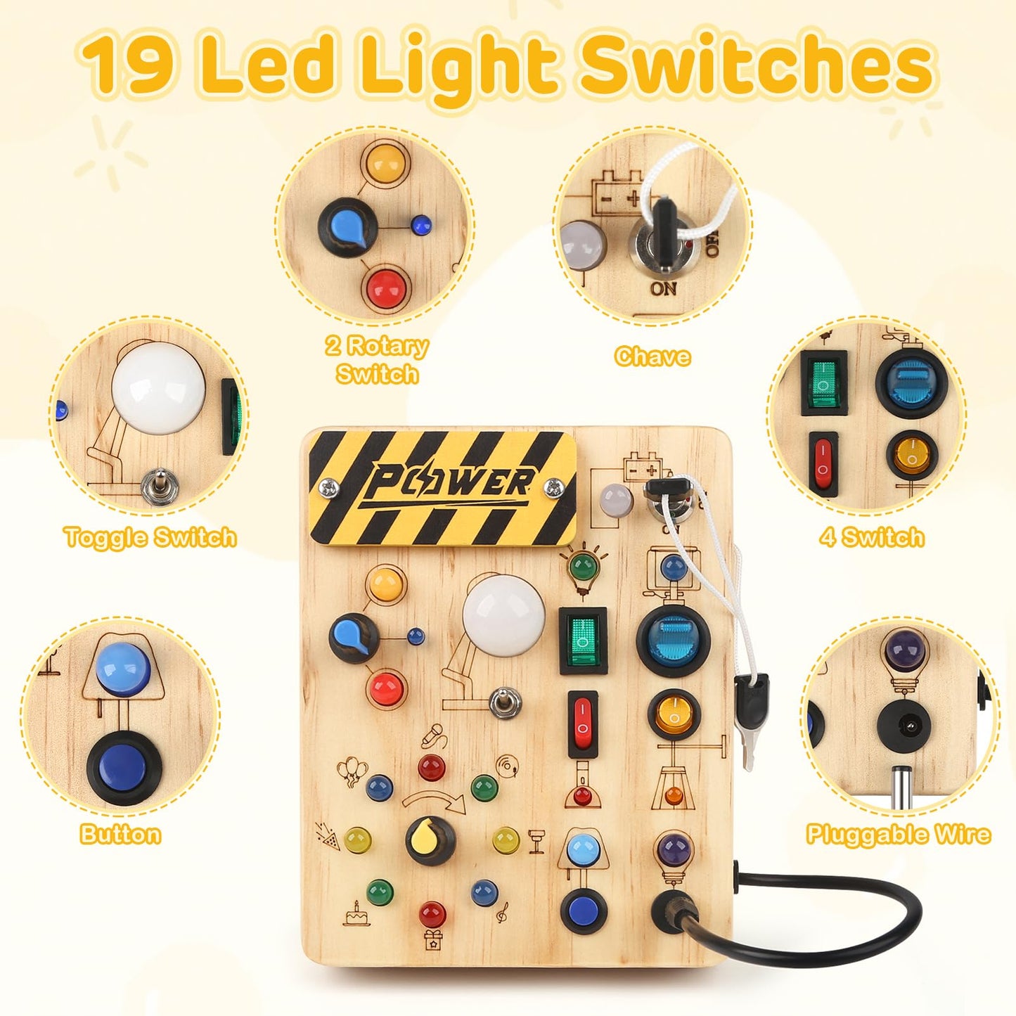 LED Busy Board for Toddlers 1-3,Montessori Sensory Toy with Key Switch and Plug, Light Up Wood Activity Switch Board for Fine Motor Skills, Educational Travel Toy Gift for 1 2 3 Year Old Boys Girls