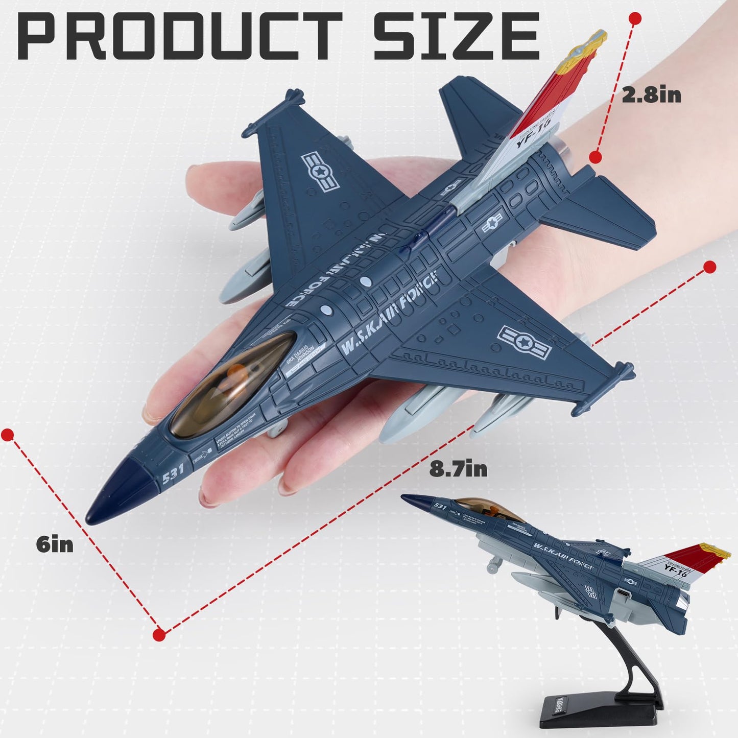 Crelloci Diecast Metal Alloy Fighter Jet Military Airplane Toy with Mist Spray, Lights & Sounds, Pull Back Function Army Air Force Aircraft for Kids, Toddlers Ages 3+, Gift for Boys Girls (Blue)