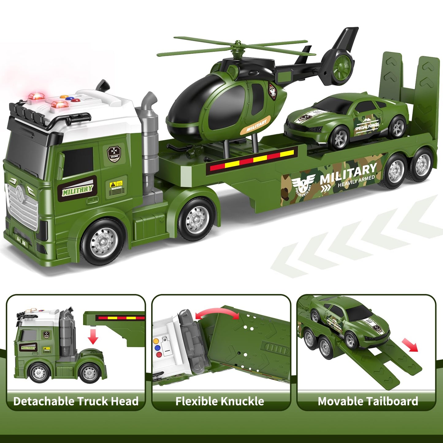 DWIRCTOYS Kids Toys for Ages 3 4 5 6 7 8 Years Old Boys, 25" Large Army Semi Truck with Helicopter & Race Car, Friction Powered Vehicle with Lights & Sounds,Birthday Gift for Boys Girls