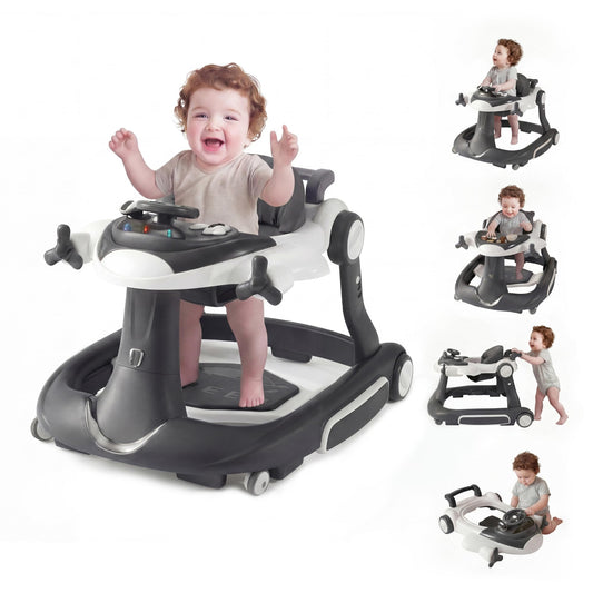 TODECARE 7 in 1 Baby Walker, Foldable Jumper Activity Center with Adjustable Height, Music, Lights, Speed Control, Detachable Play Tray, Infant Push Walker with Wheels for Boys Girls (Gray)