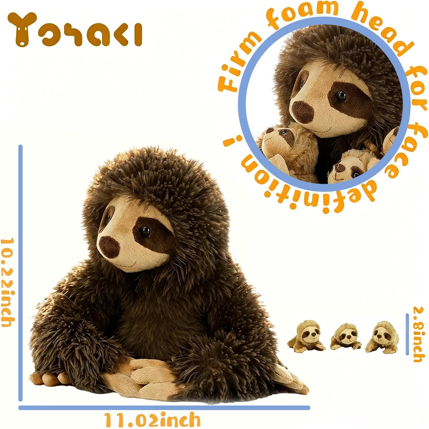YOHAKI Sloth Plush Animal, 11.02" Cute Stuffed Sloth with 3 Baby Sloths, Easter Stuffed Sloth Animal, Washable Plush Toys, Cute Three Toed Sloth Birthday Gifts for Kids Boys and Girls, Brown