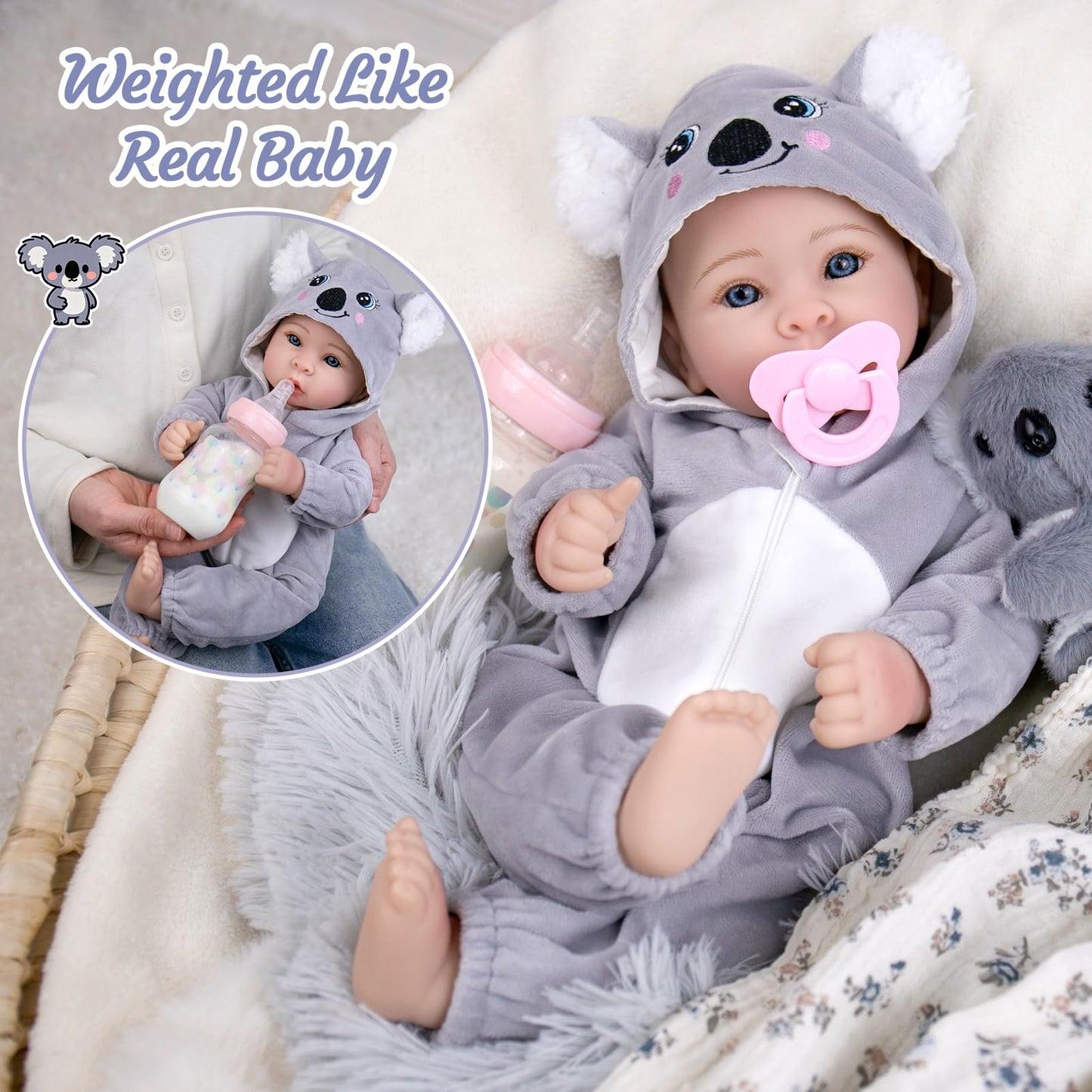 Aori 17 Inch Lifelike Baby Dolls Realistic Doll with Real Life Lightweight Soft Body & Grey Outfits, for Girls 3+ Role Play, Adoption Day, Photography Prop, Collectible