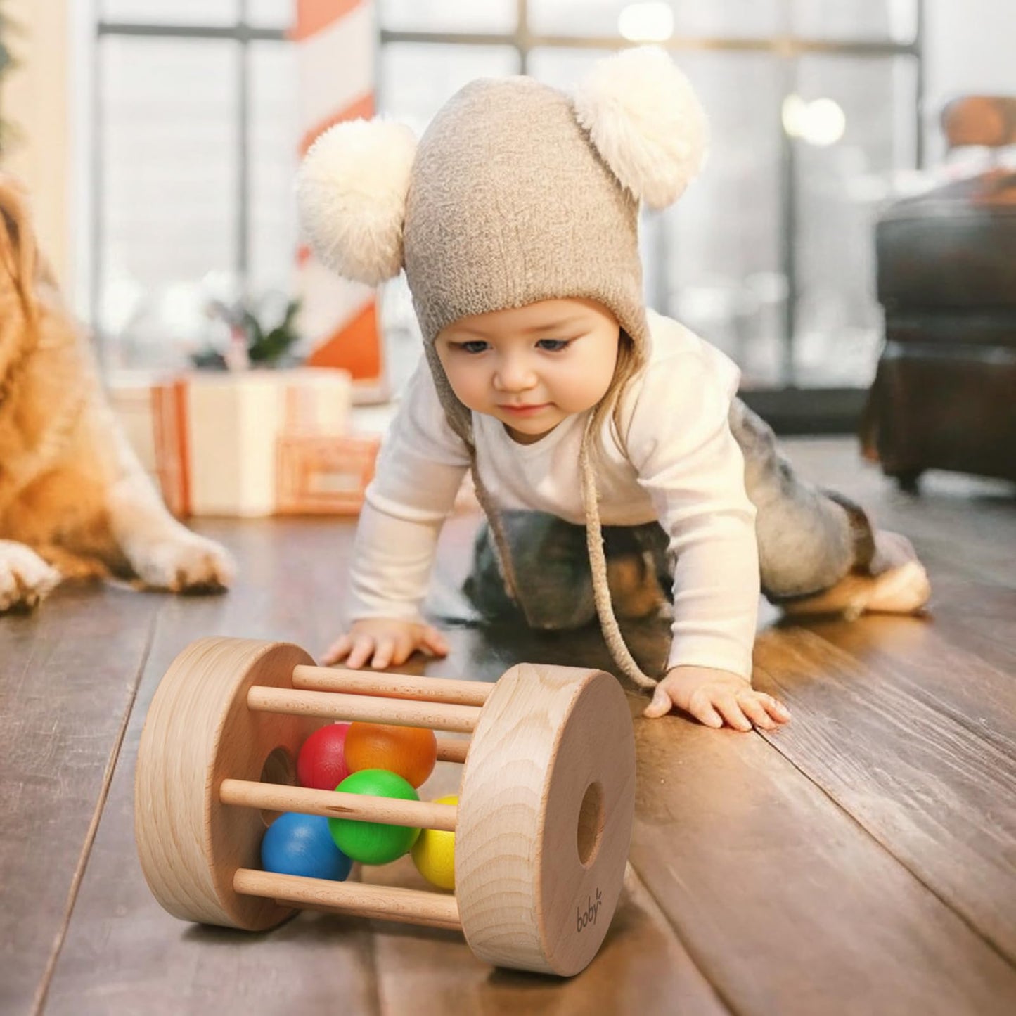 Dailyfunn Montessori Toys Wooden Infant Baby Rolling Rattle Toy for Babies 6-12-18-24 Months Newborn Shower Birthday Gift
