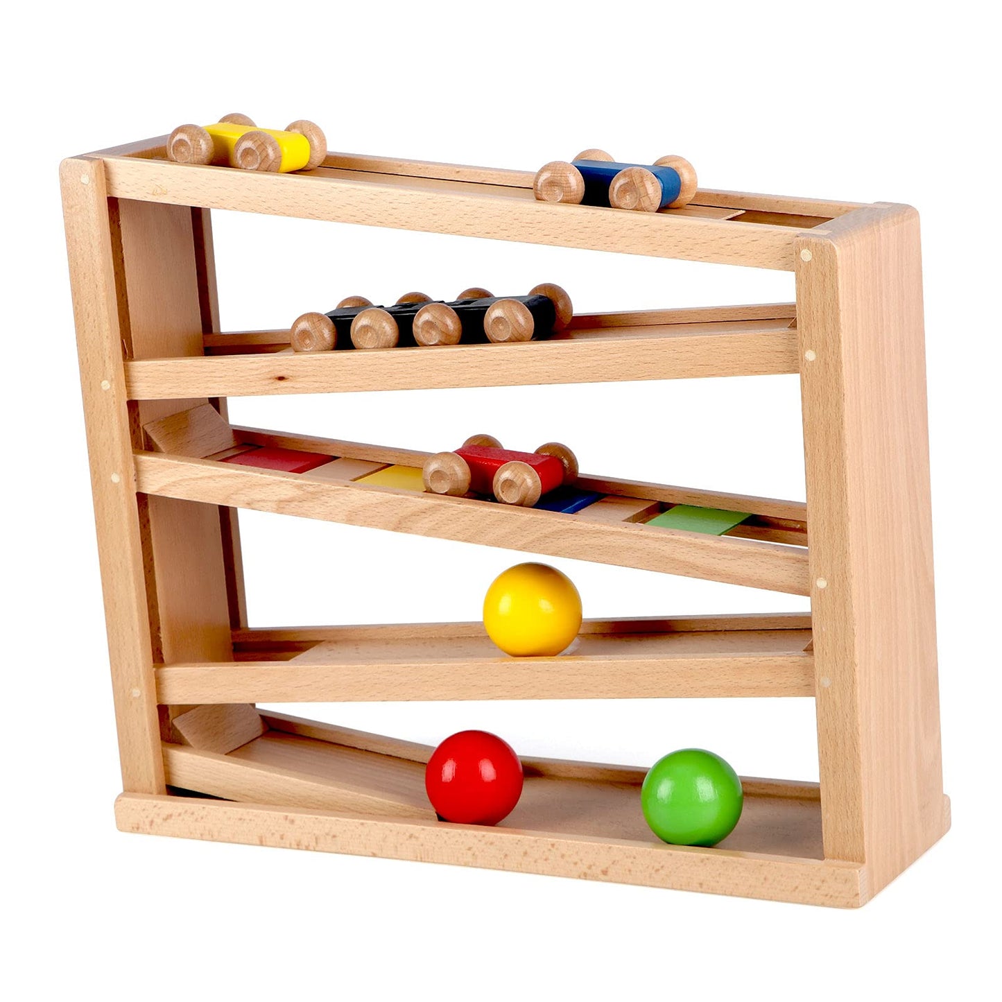 Qilay Wooden Race Track Car Ramp Racer Toy for Toddlers, 5 Level Race Car Ramp Toy Set Includes 4 Wood Cars and 3 Balls,Great Building Learning Toys or 3+ Years Old Boy and Girl