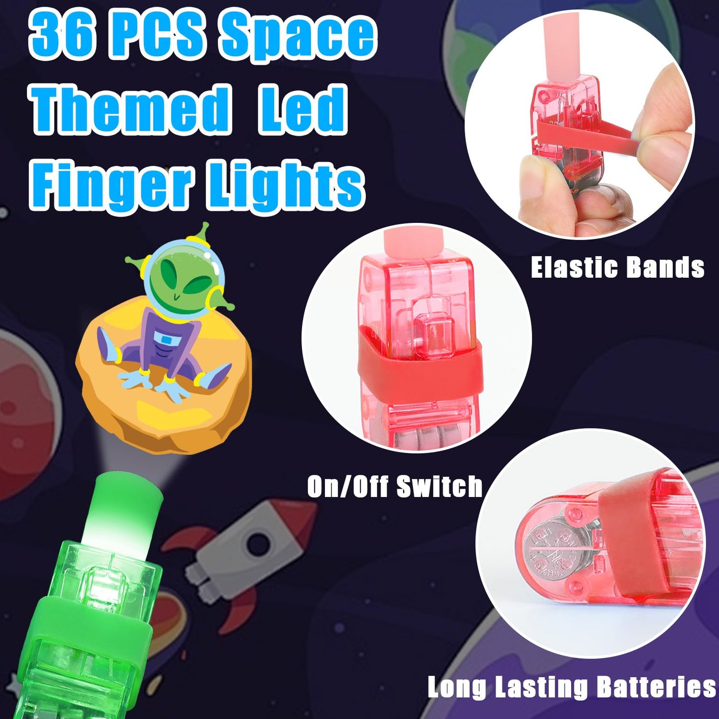 CHUNNIN 36 PCS Outer Space Party Favors Planet LED Light Up Finger Lights，Glow in the Dark Spacecraft Astronaut Party Bulk for Christmas Goodie Treat Bags Stuffers Galaxy Theme Birthday Supplies