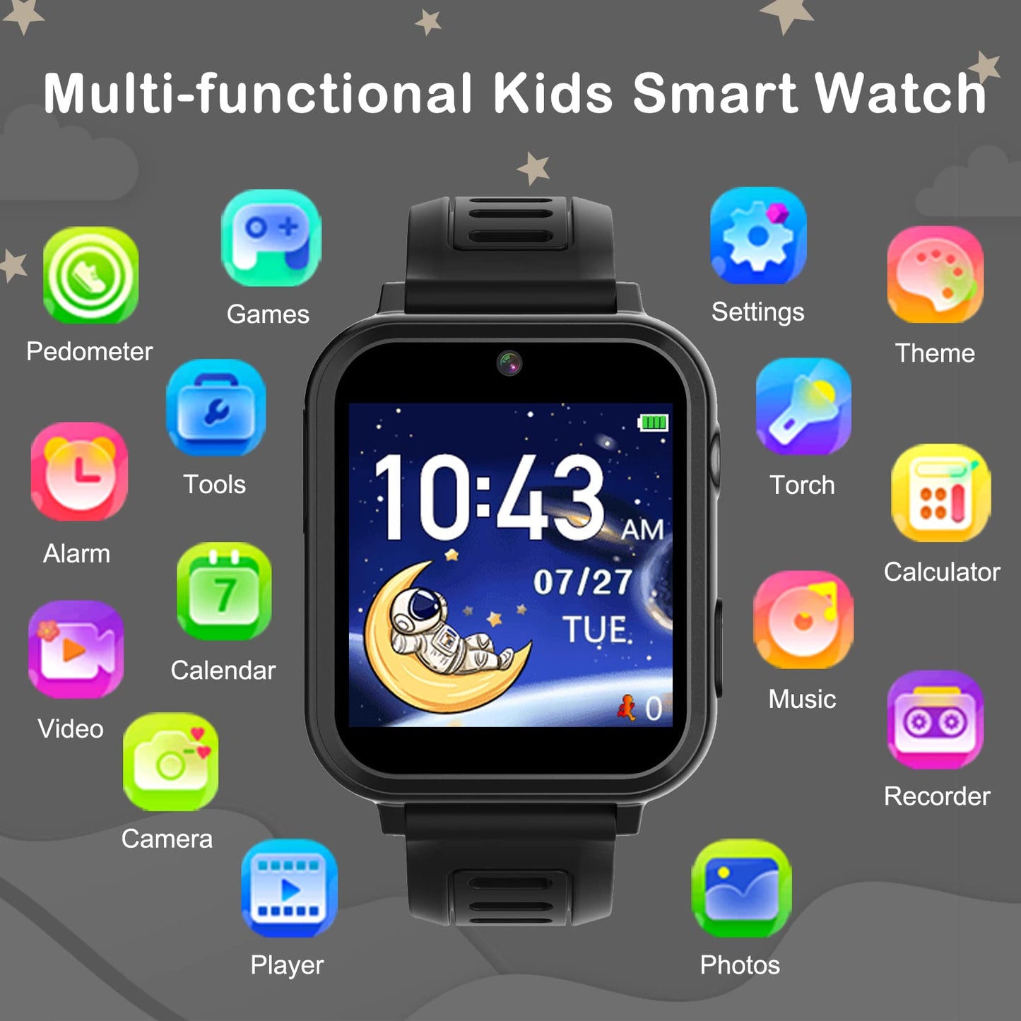 Phyulls Smart Watch for Kids, Smart Watch Toys with 39 Games Camera Video Recorder Music Alarm Calculator Calendar Flashlight Stopwatch Pedometer Gift Toys for 3-12 Years Old Boys and Girls (Black)