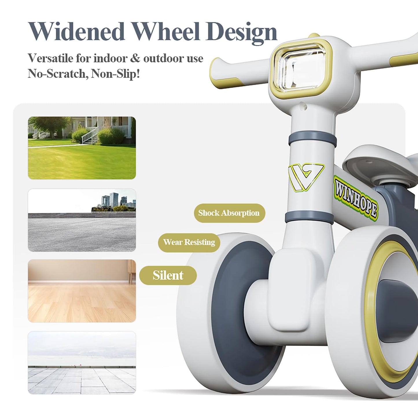 WinHope Baby Balance Bike for 1 Year Old Boys & Girls,Toddler Balance Bike for 12-36 Months Kids,4 Silent Wheels with Colorful Lights & Music,First Bicycle Ride on Toy Gifts(Grey)