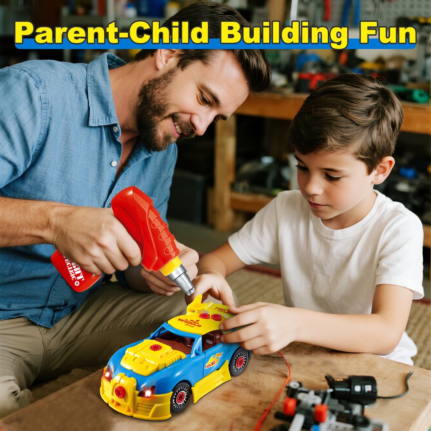 Pup Go Construction Toys for Kids 3 4 5 Years, Take Apart Toy Racing Car, 30 Pieces Building Toys with Electric Drill, Build Your Own Car, Realistic Sounds & Lights, Buildable Gifts (4 Spare Screws)