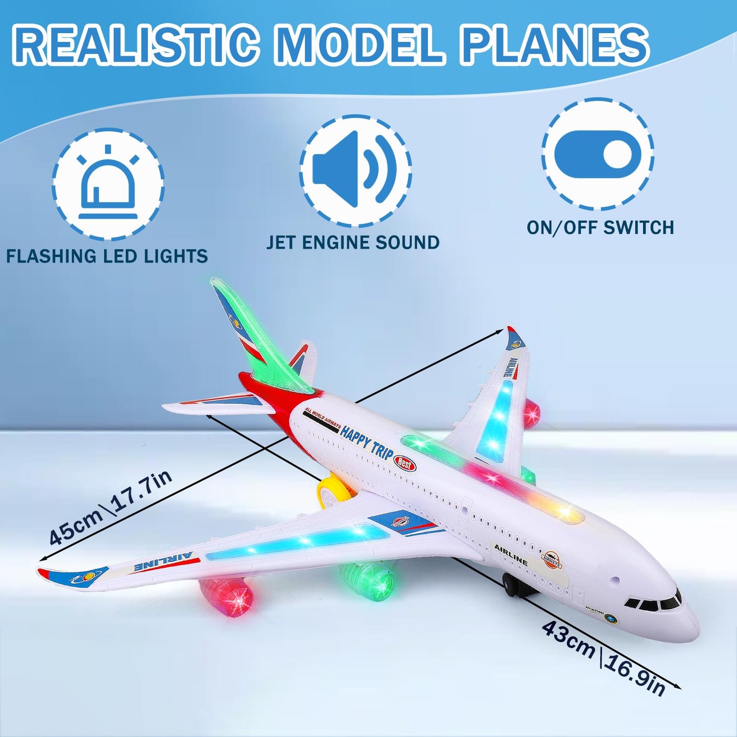 VYKOBLO Airplane Toy with Bump and Go, Kids Airplane Toys Flashing Lights and Sound, Realistic Model Plane for Boys and Girls Ages 3-12, Birthday Gifts (Red)