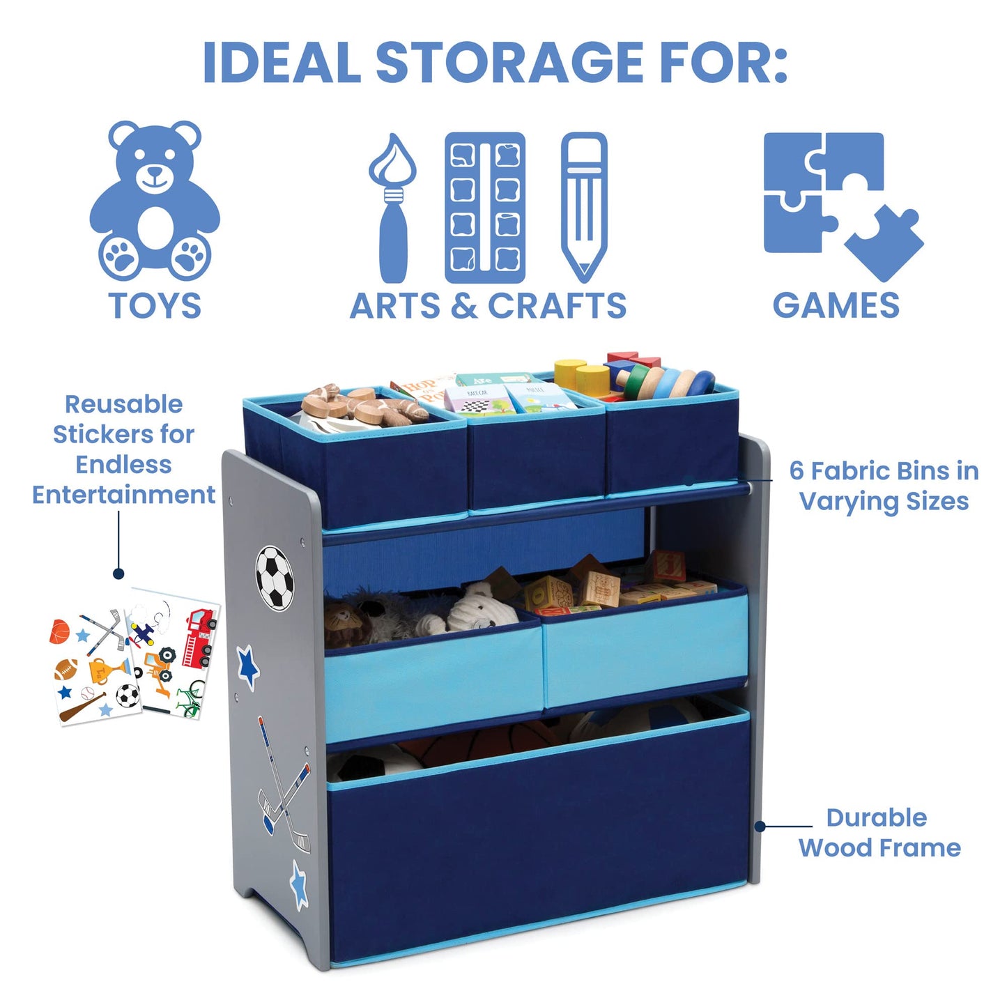 Delta Children Design and Store 6 Bin Toy Organizer, Grey/Blue