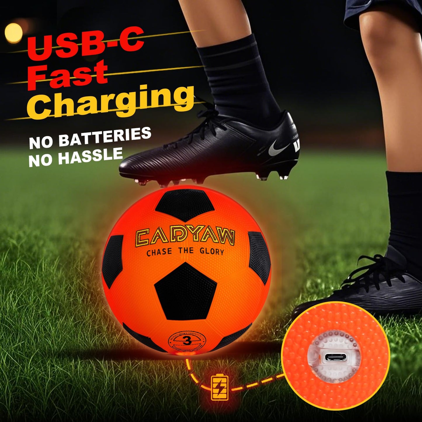 Cadyaw Glow in The Dark Soccer Ball, Rechargeable Light up Soccer Toys, Birthday Gift for Boys and Girls 3-12, Cool Toys for Kids Outdoor Night Activity - Size 3