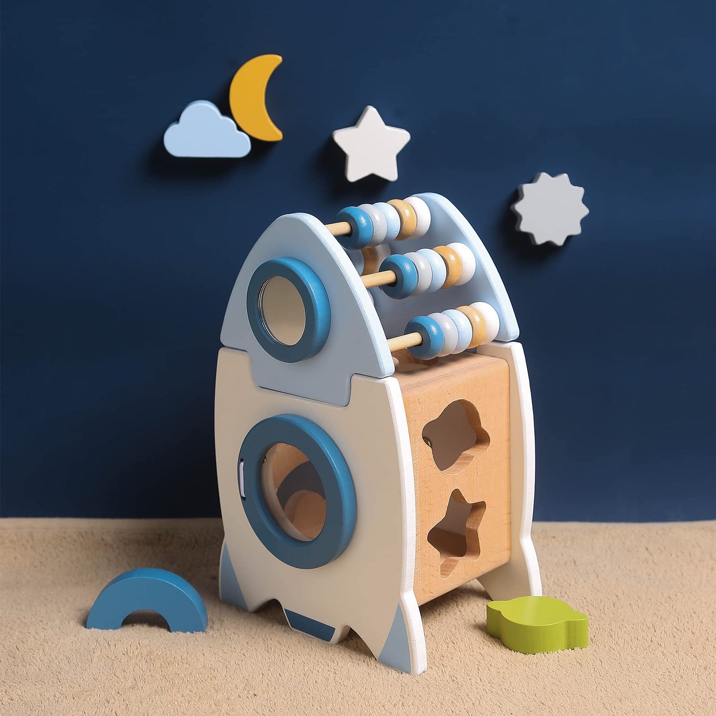 Smartwo Wooden Space Toy for Baby, Montessori Toys for Babies, Toddler Rocket Toy, Sensory Activity Cube Learning Game, 1st Birthday Gift for Boys and Girls